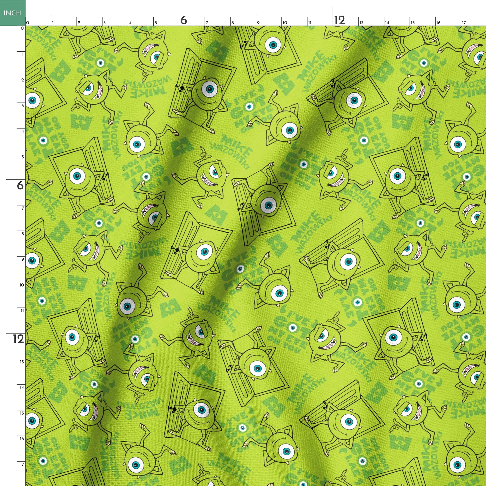 Green background with repeating Mike Wazowski in black outlines. springs ruler 18x18
