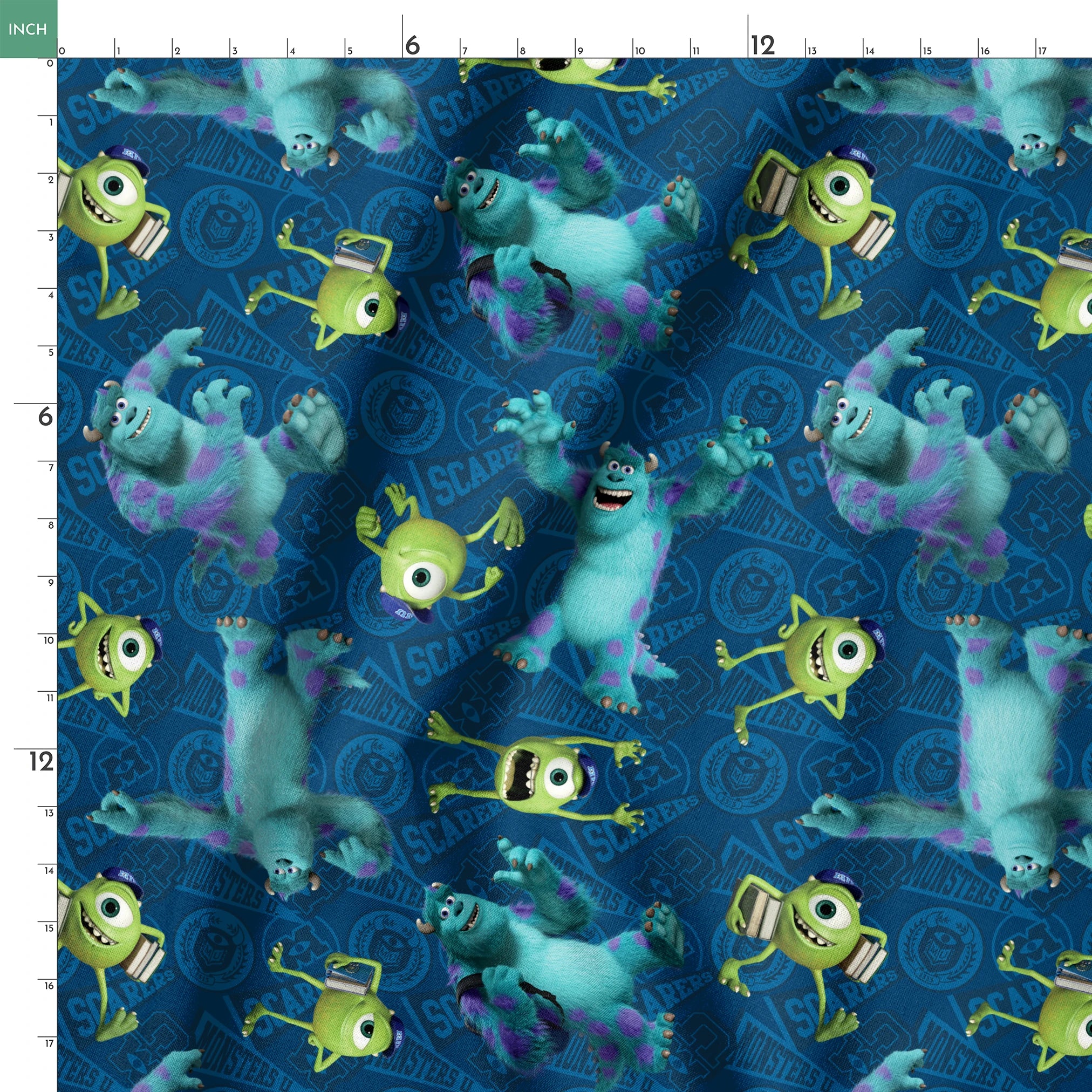 Monsters Inc characters pattern with Mike Wazowski and Sully on blue background springs ruler 18x18