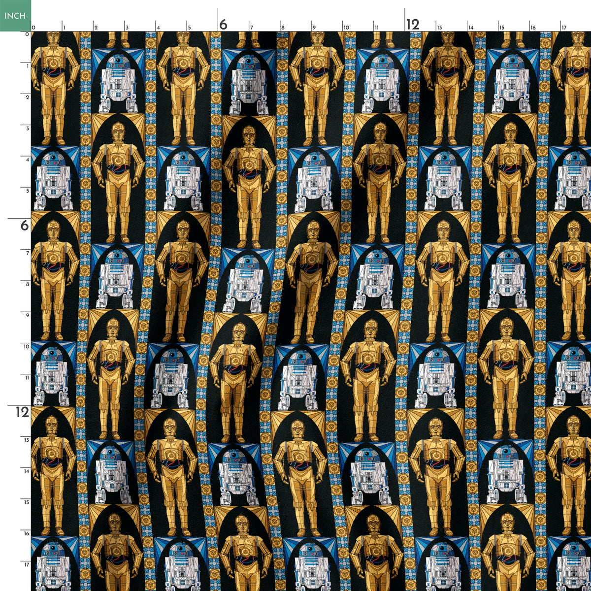 Repeating pattern of golden droid and blue-white astromech droid characters from Star Wars on black background with decorative borders springs ruler 18x18