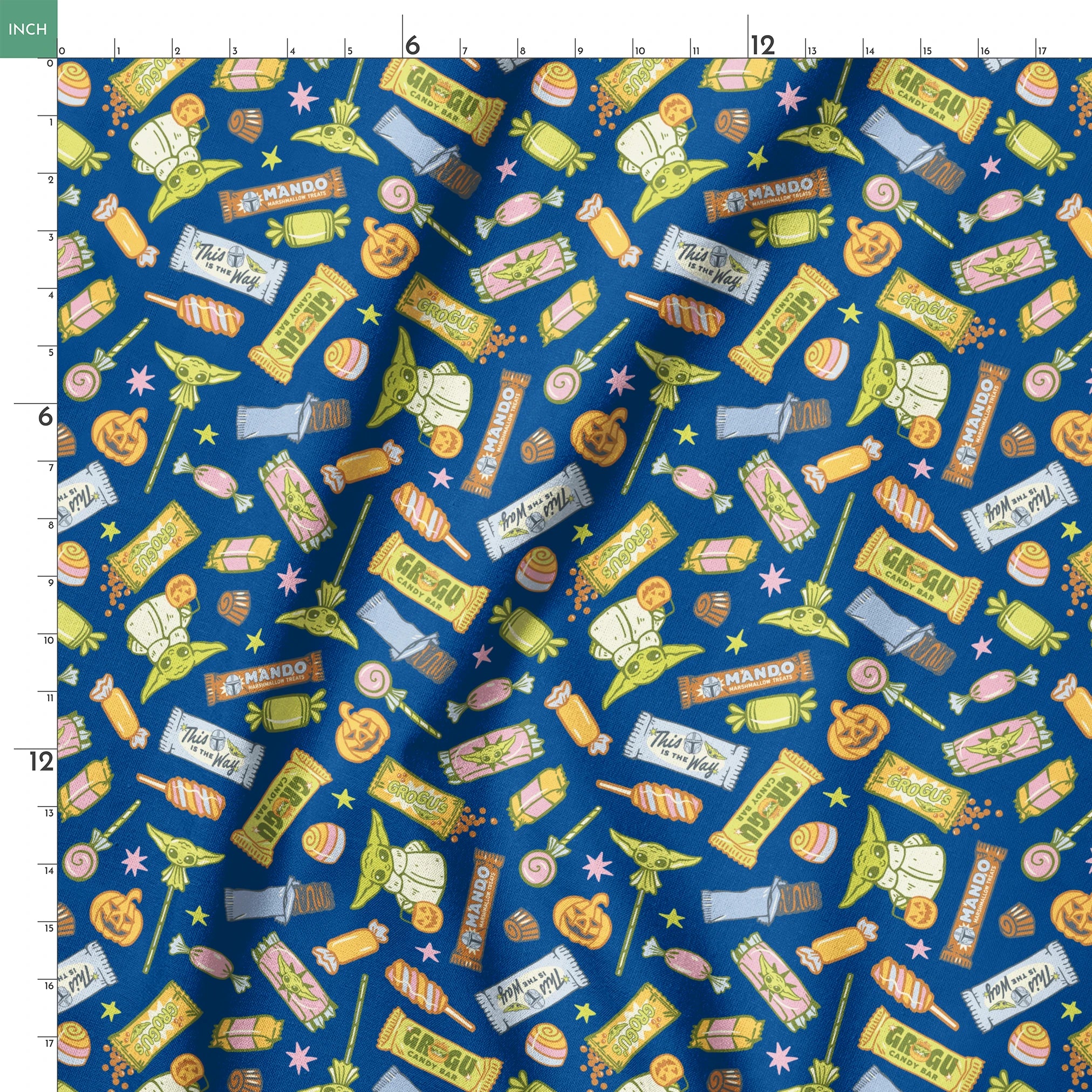 Colorful candy pattern with wrapped sweets, lollipops, and treats on dark blue background springs ruler 18x18
