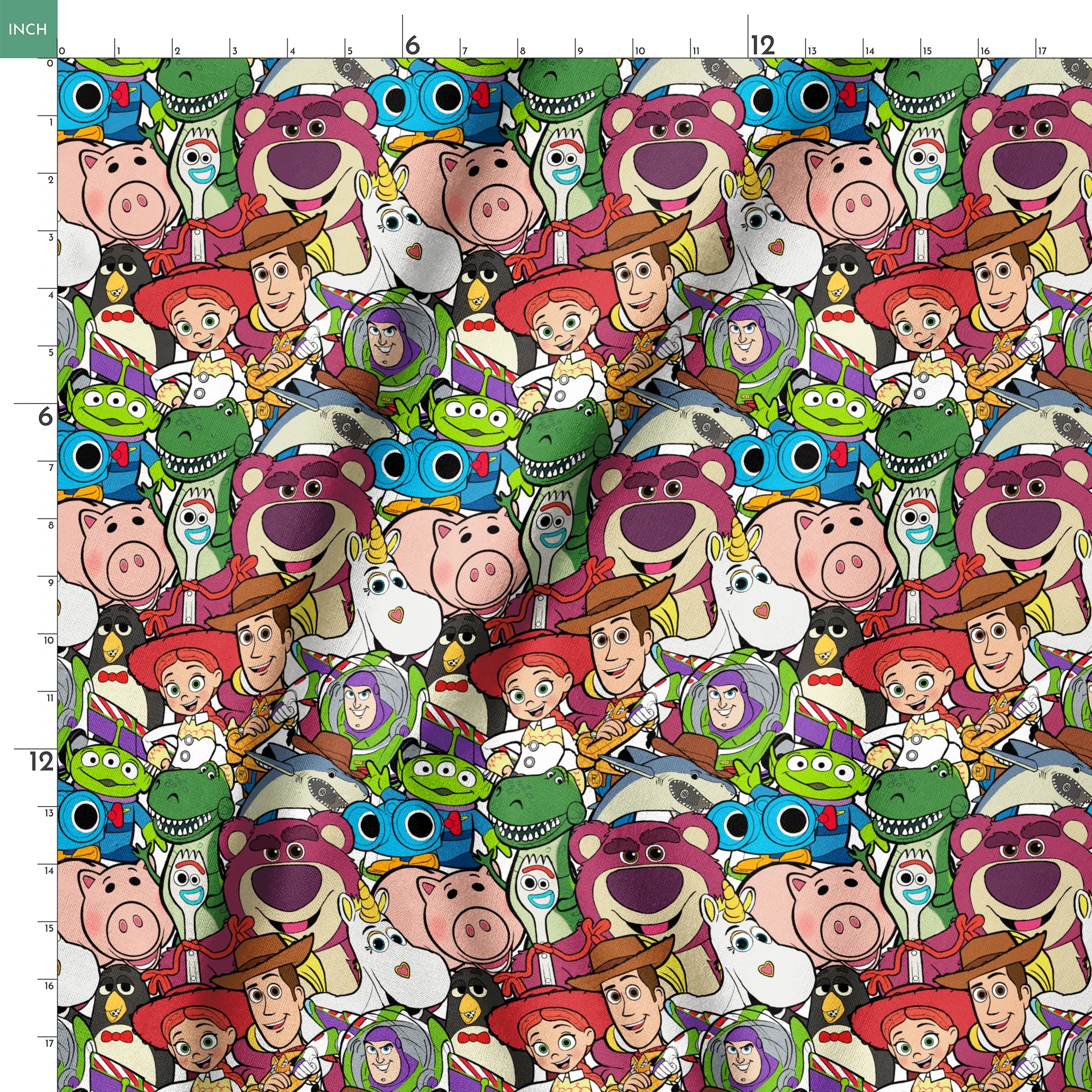 Colorful collage of Pixar and Disney animated characters including Toy Story, Monsters Inc, and other iconic cartoon figures springs ruler 18x18