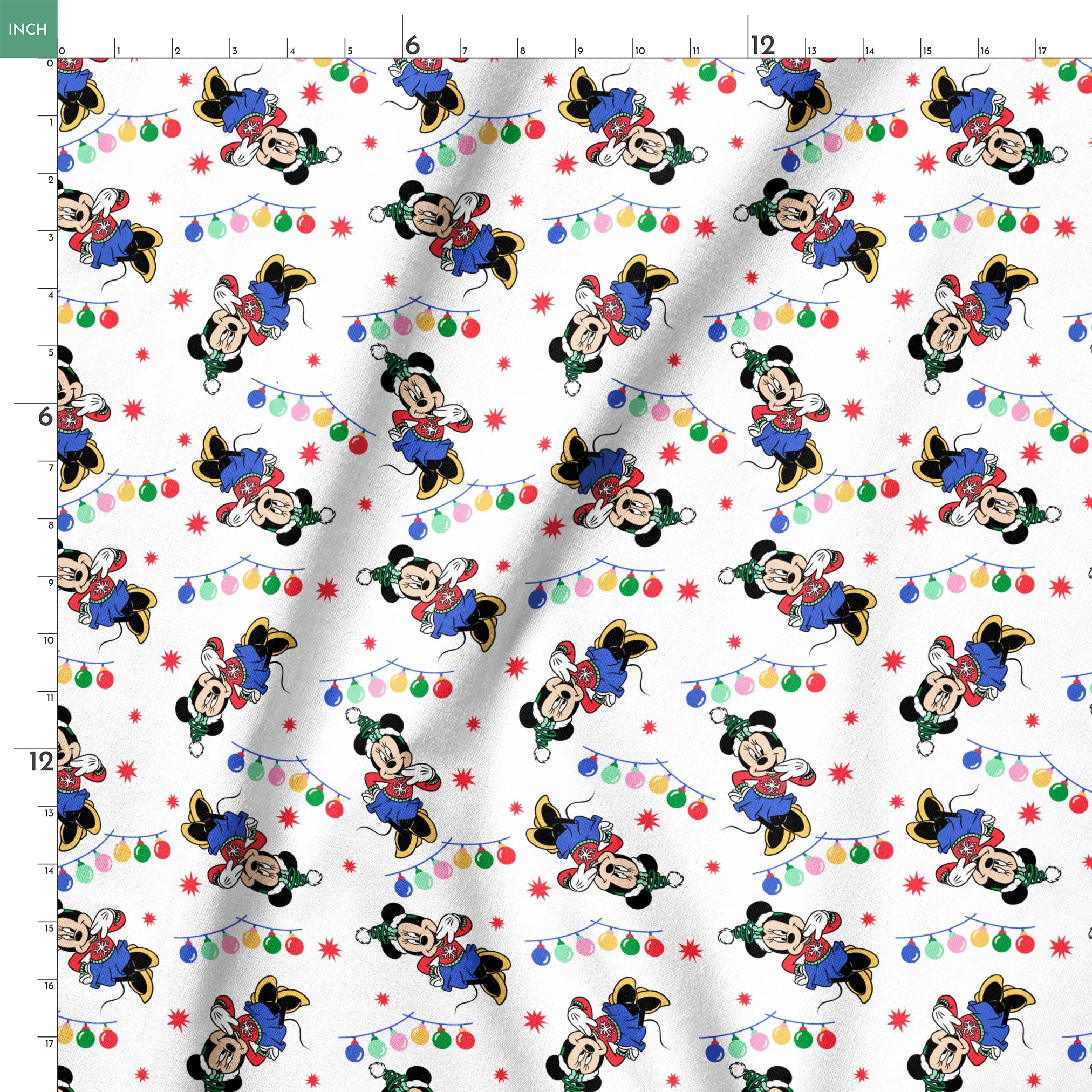 Minnie Mouse in Santa hats with blue outfits surrounded by colorful string lights and red stars on white background springs ruler 18x18