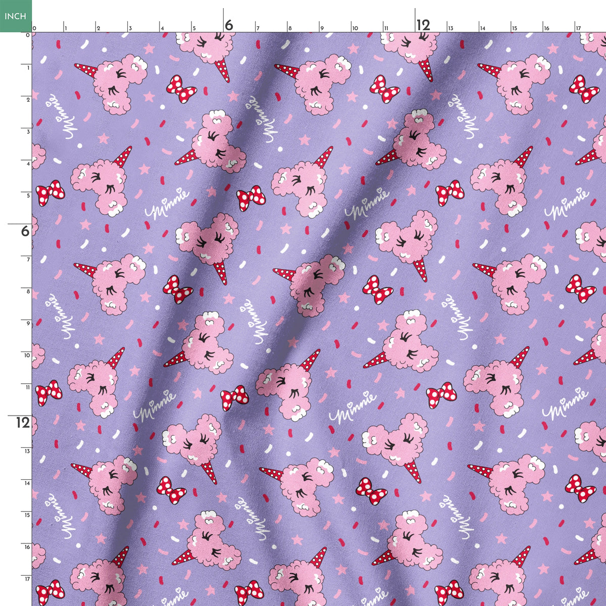 Pink Disney-inspired cotton candy and bows on purple background with confetti and stars springs ruler 18x18