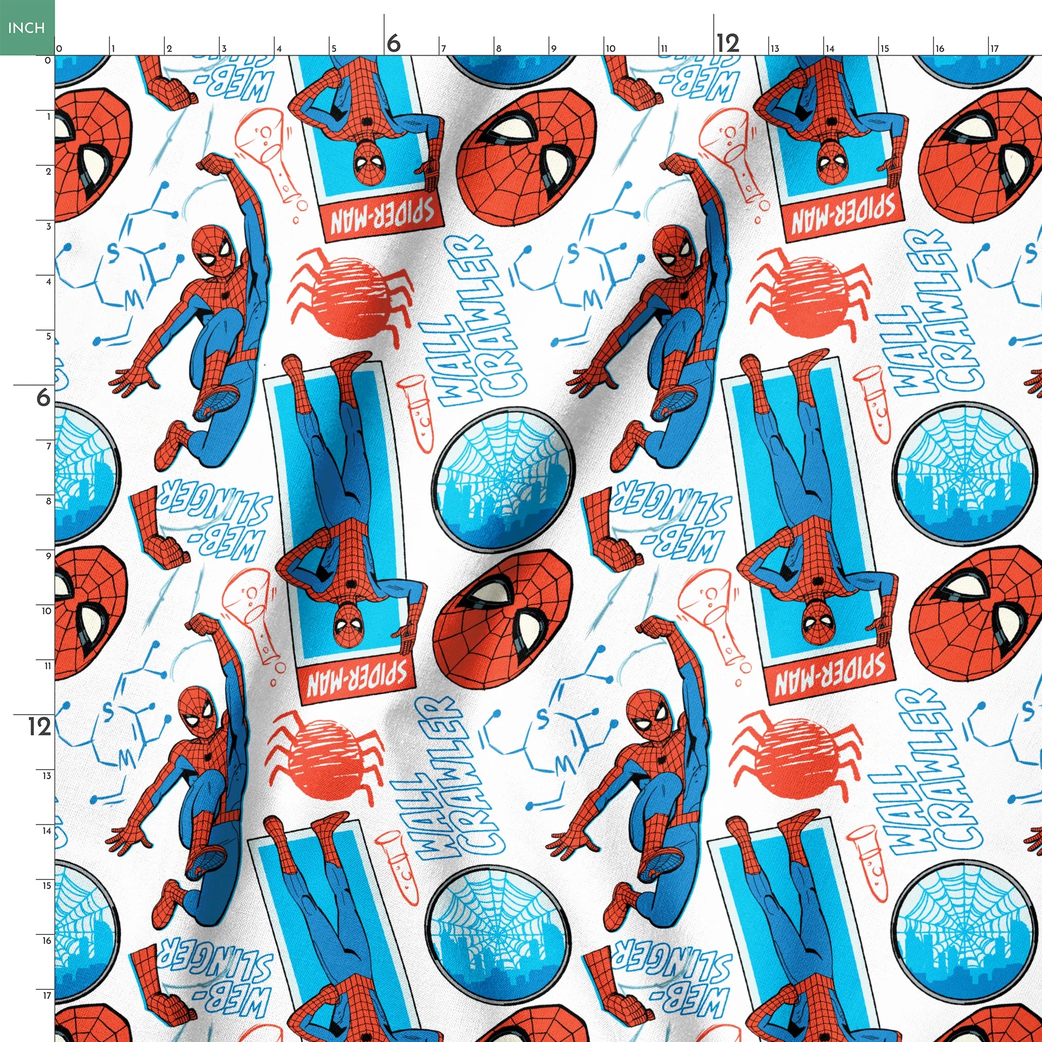 Comic-style Spider-Man pattern with red and blue figures in various poses, spider symbols, and text on white background springs ruler 18x18