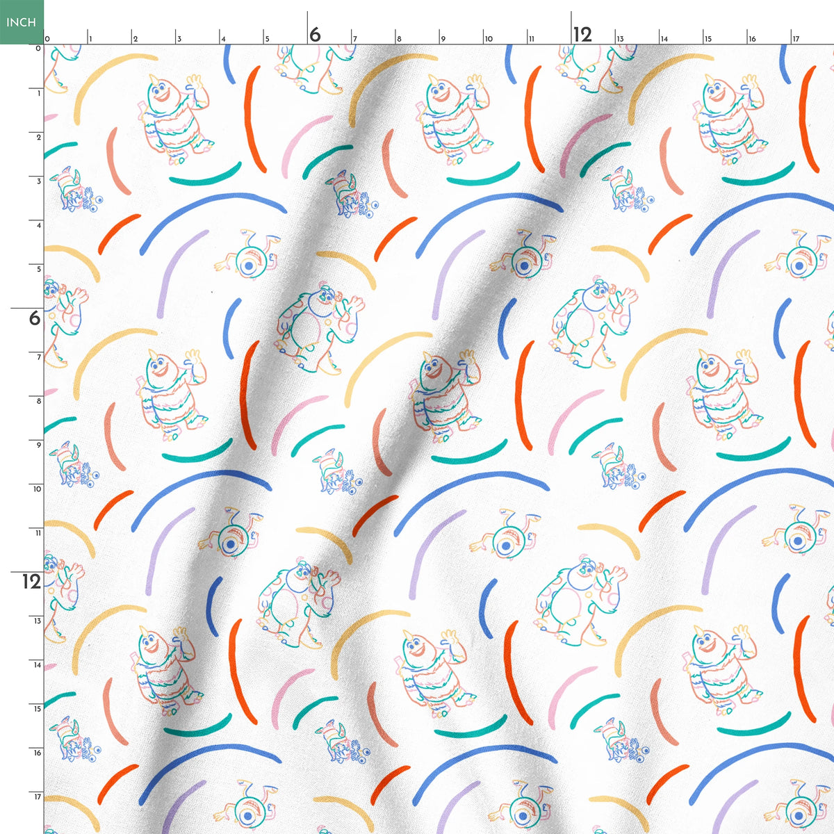 Colorful line drawing pattern with Monsters Inc characters  surrounded by curved arcs in rainbow colors springs ruler 18x18