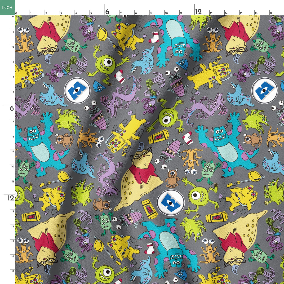 Colorful Monsters Inc pattern with various whimsical creatures in yellow, blue, green, and purple on a gray background. springs ruler 18x18