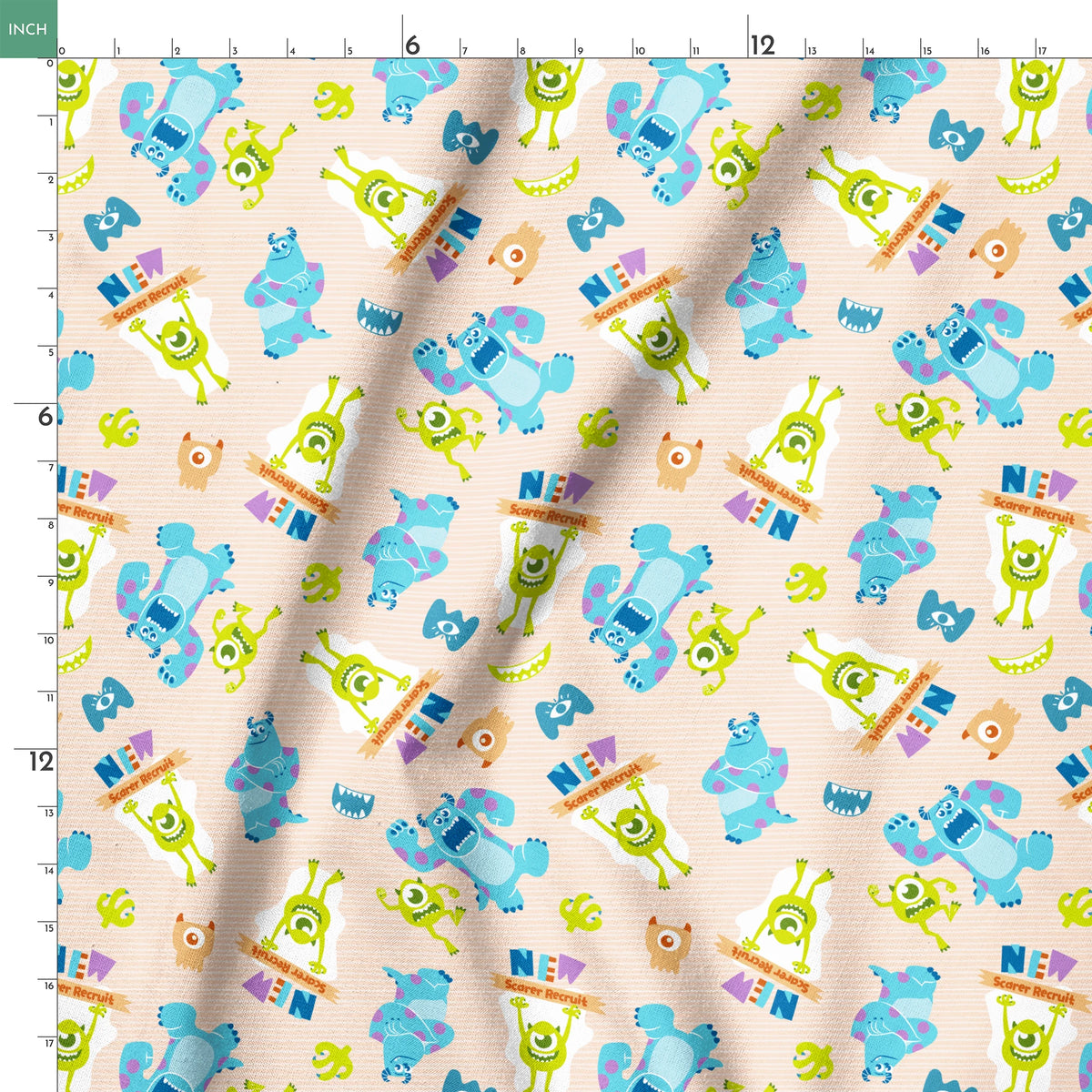 Colorful Monsters Inc pattern with Mike and Sully characters on peach background with scattered letters springs ruler 18x18