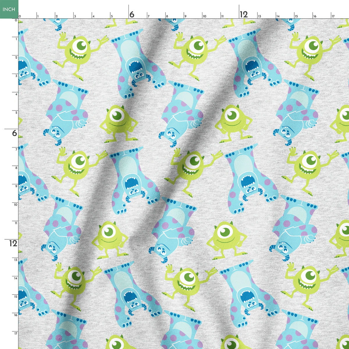 Cartoon pattern of Monsters Inc characters on light gray background springs ruler 18x18