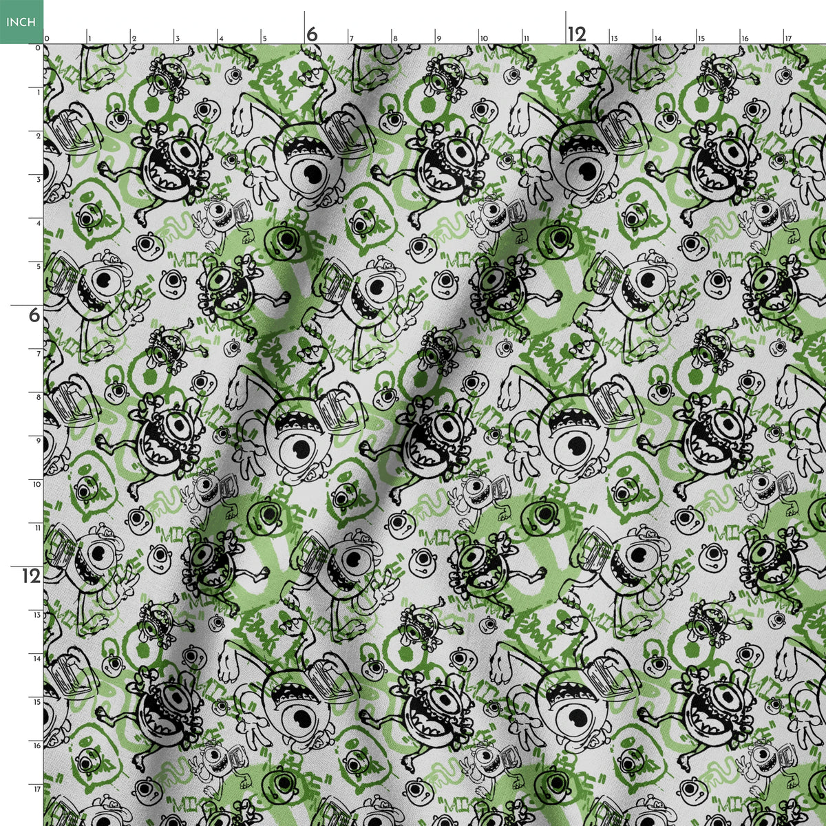 Cartoon monsters doodle pattern in black and green on white background with large eyes and silly expressions springs ruler 18x18