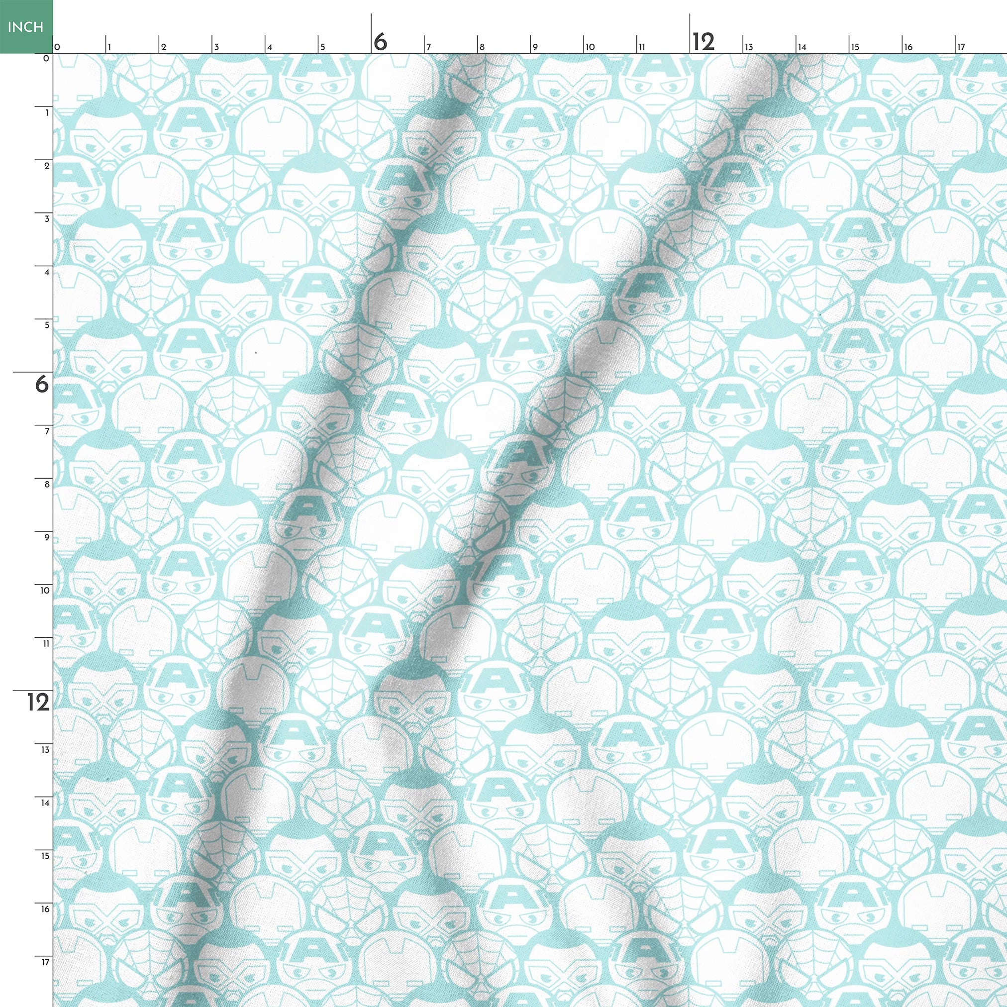 Light blue and white pattern of stylized superhero masks and helmets in a repeating design springs ruler 18x18
