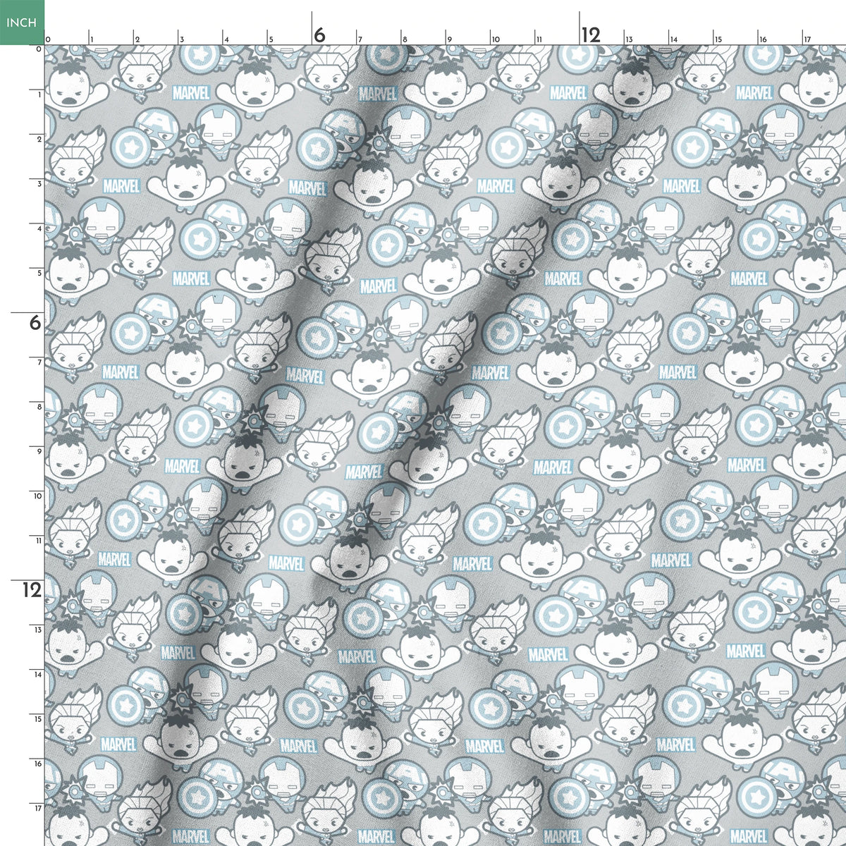 Cute cartoon Marvel superhero pattern with simplified characters and icons on gray background springs ruler 18x18