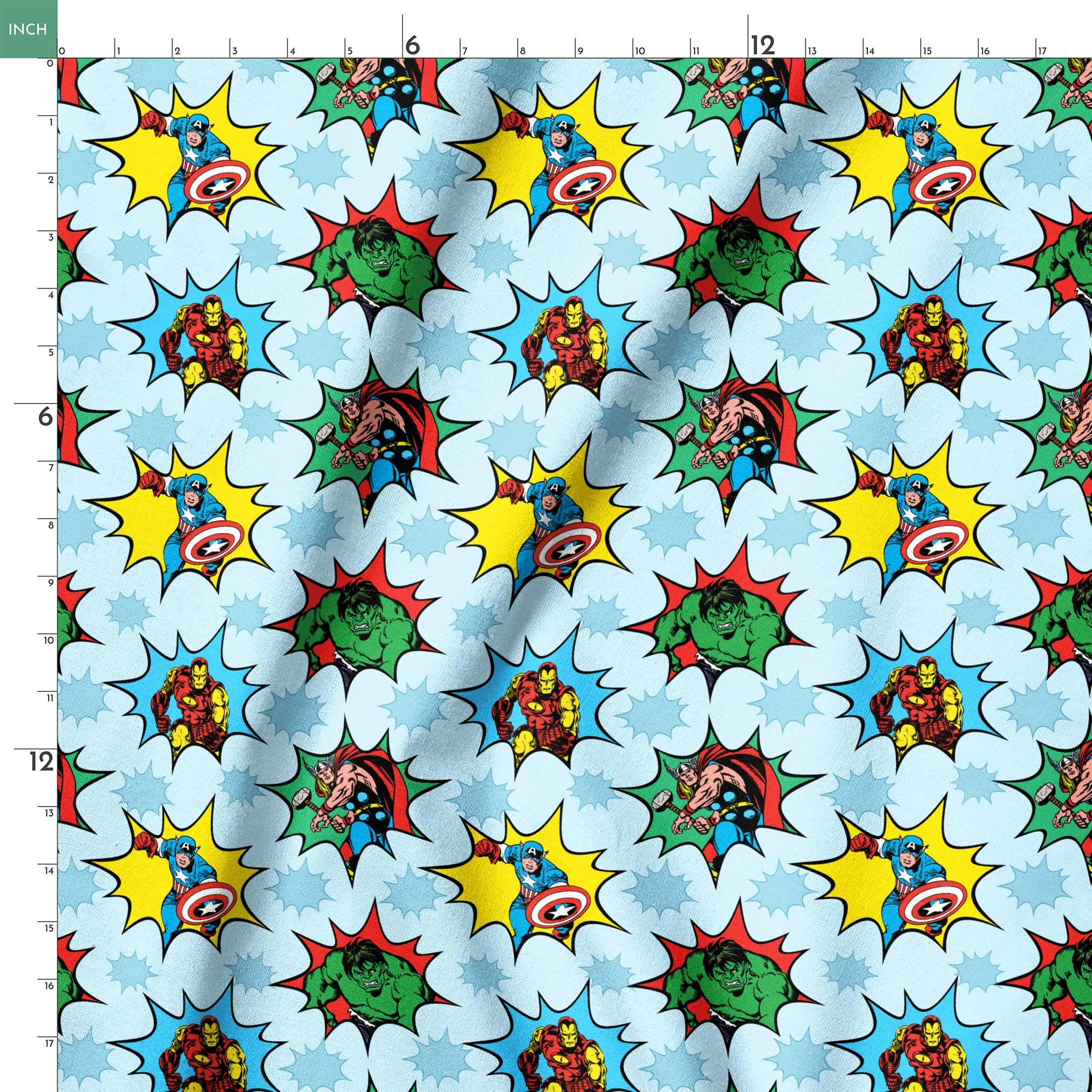 Marvel superhero pattern with Captain America, Iron Man, and Hulk in colorful burst designs on a blue background. springs ruler 18x18