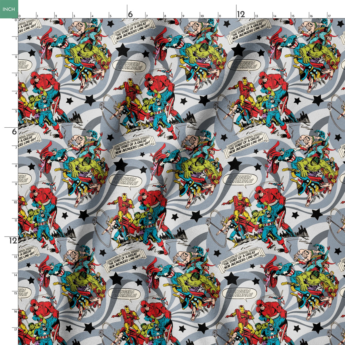 Colorful comic book style pattern with Marvel superheroes on gray background with stars and swirls springs ruler 18x18