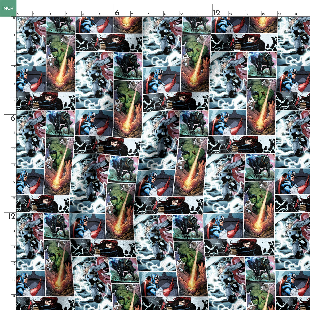 Comic book collage featuring Thor with lightning, Captain America with shield, Hulk, and various Marvel superheroes in action scenes springs ruler 18x18