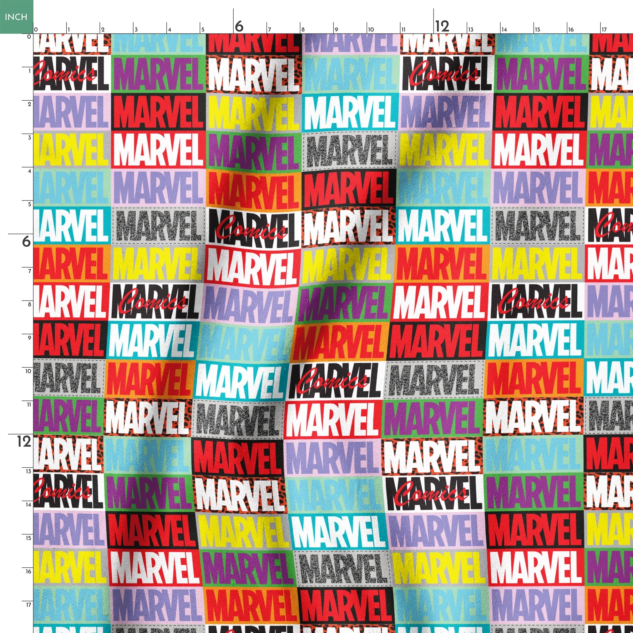 Colorful grid pattern of Marvel logos in various colors including red, blue, yellow, teal, purple, and gray against contrasting backgrounds springs ruler 18x18