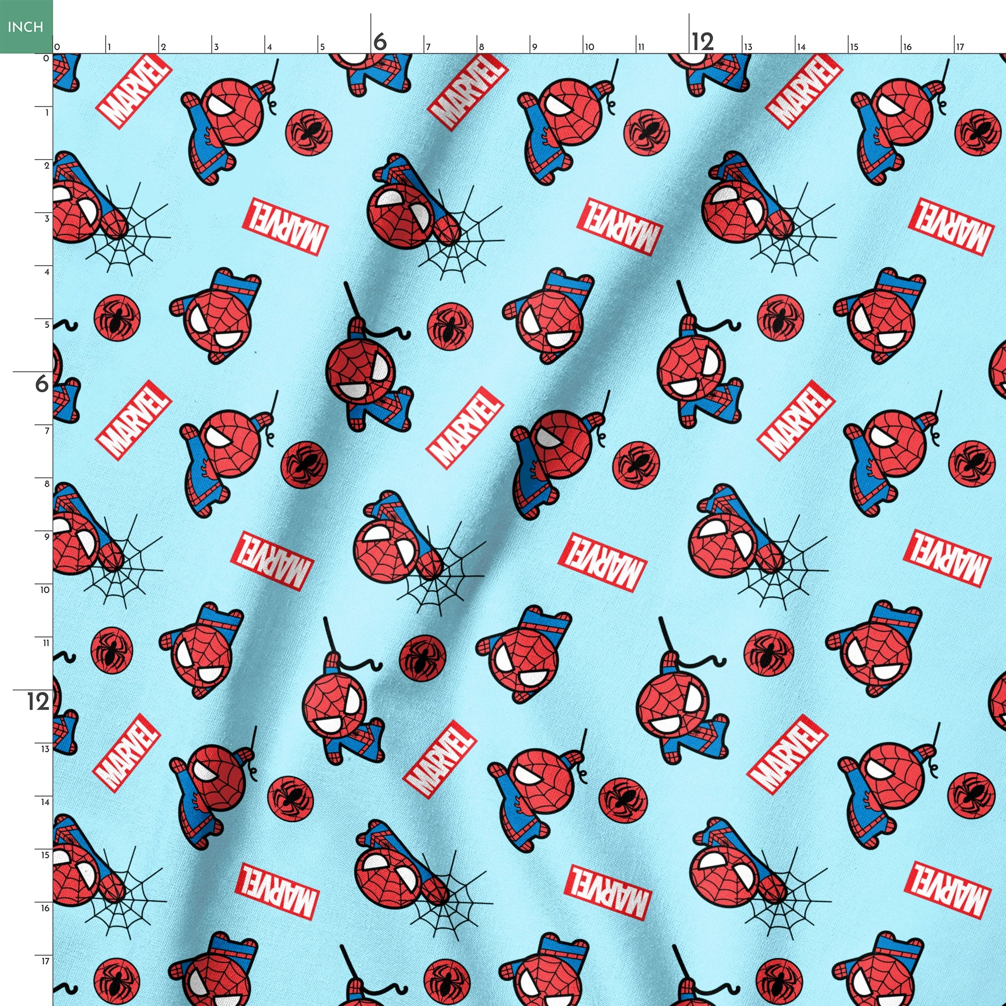 Spider-Man pattern with cartoon character poses, Marvel logos, and spider symbols on light blue background springs ruler 18x18