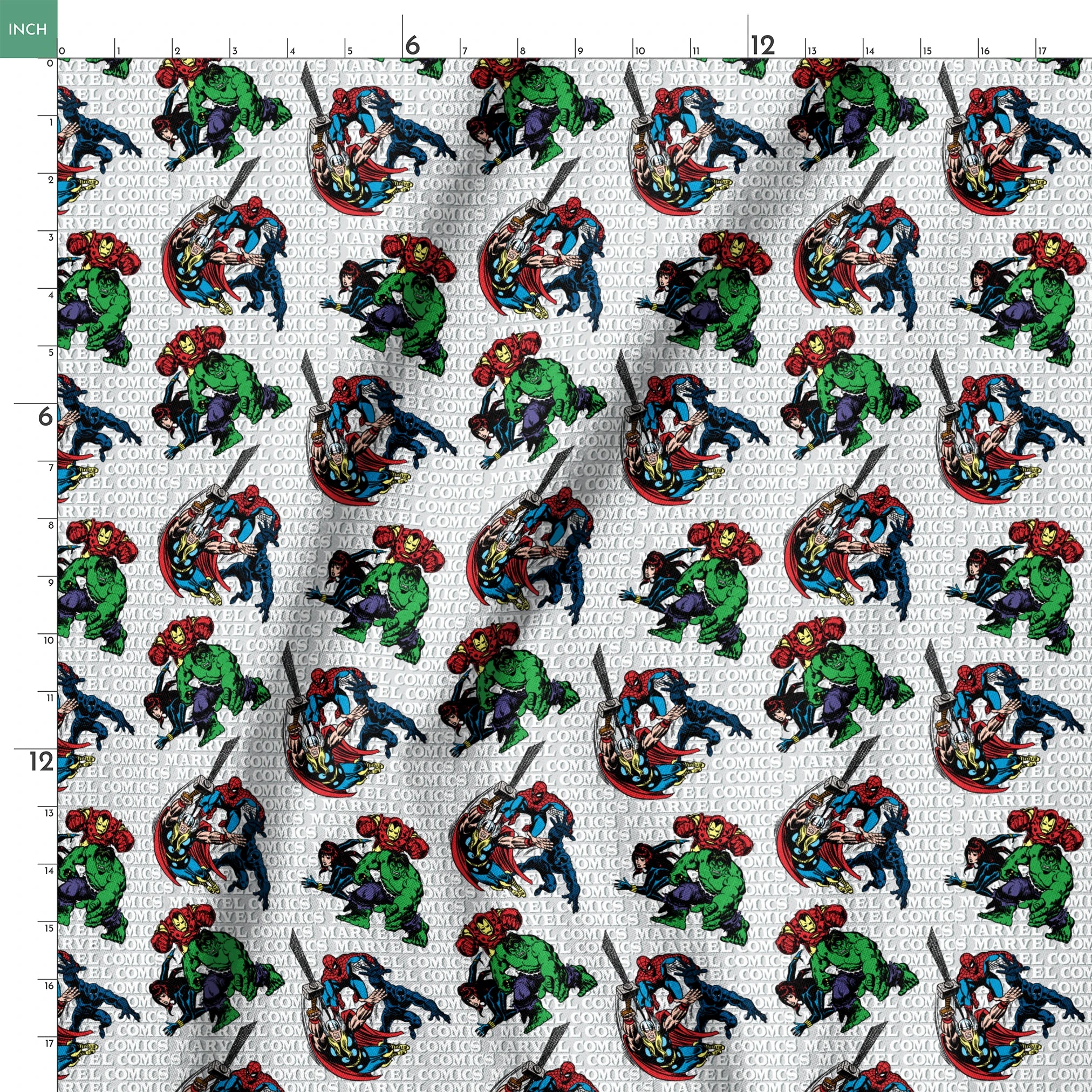Marvel Comics superheroes pattern with Hulk, Iron Man, Captain America, and Spider-Man on a repeating text background. springs ruler 18x18