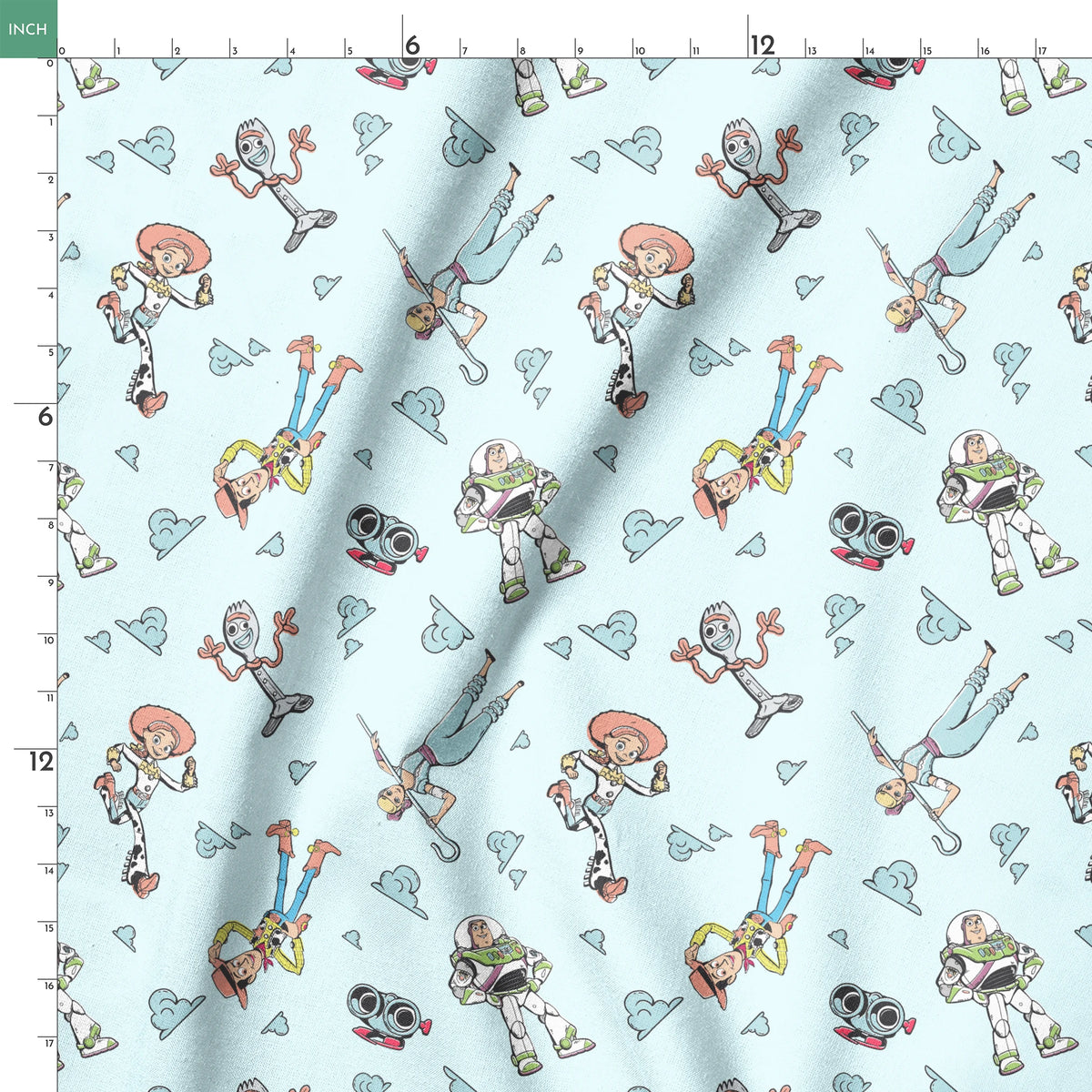 Cartoon characters from "Toy Story" floating on light blue background with cloud patterns springs ruler 18x18