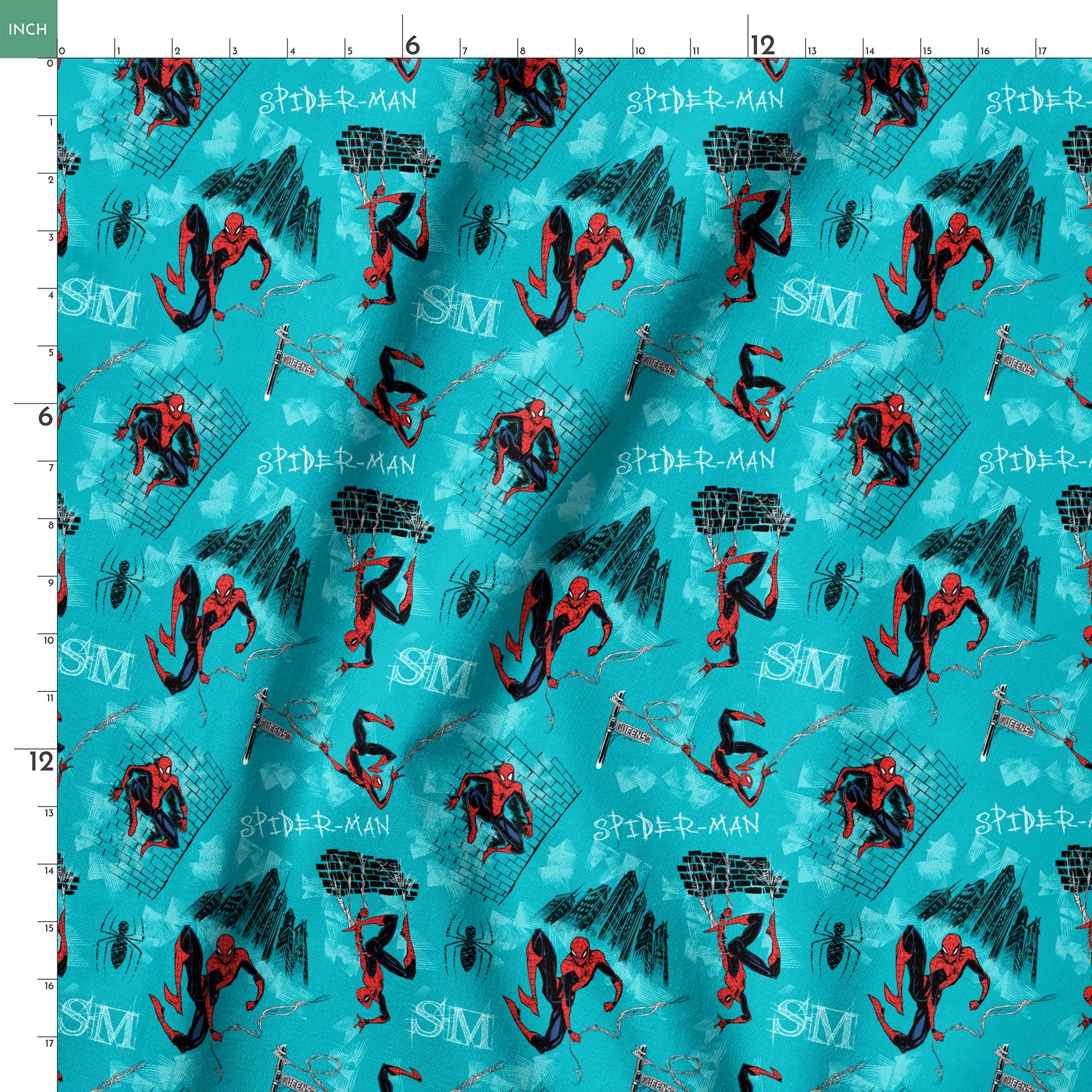 Spider-Man pattern on turquoise background with multiple poses, web designs, and logos springs ruler 18x18