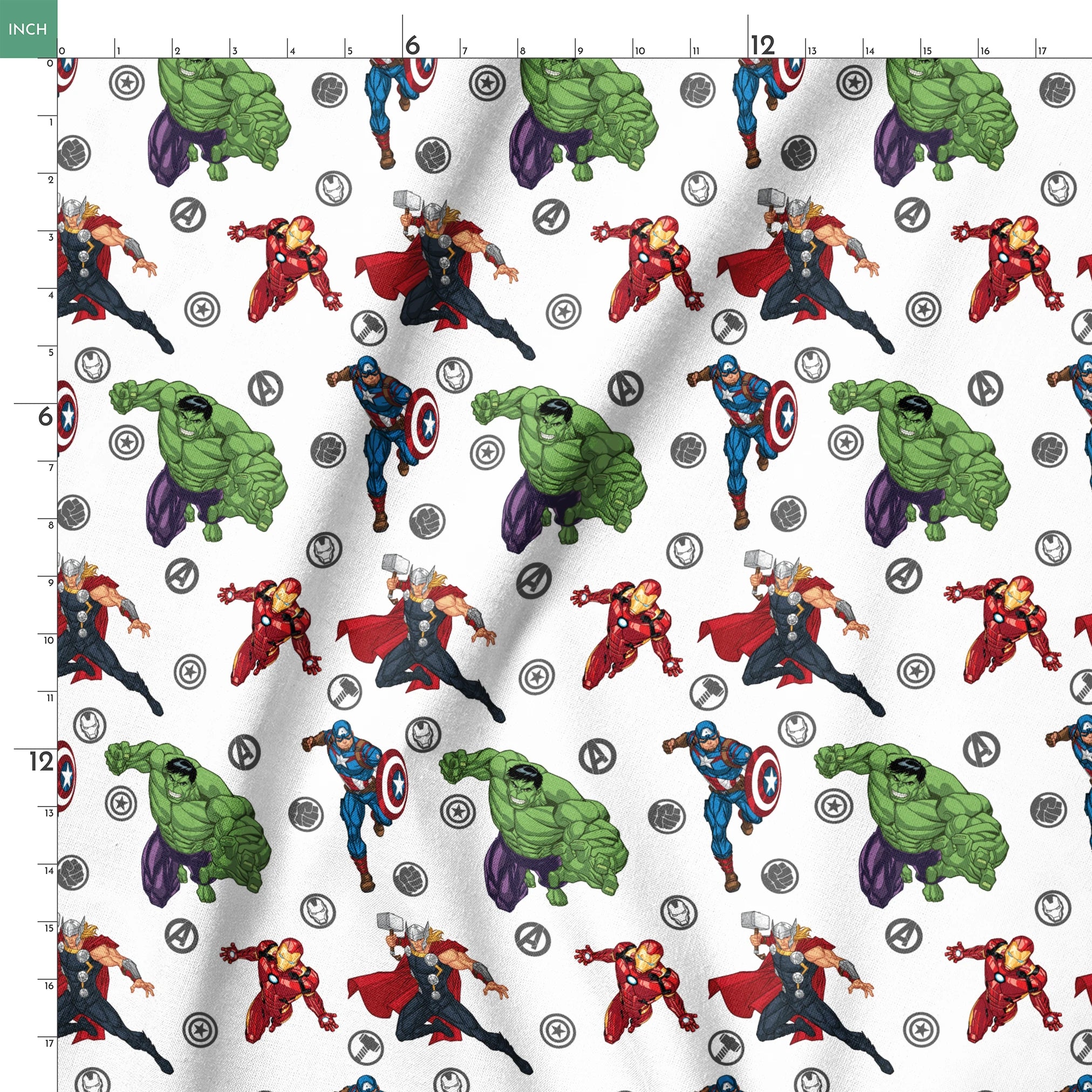 Marvel Avengers characters pattern with Hulk, Thor, Iron Man, and Captain America among superhero logos springs ruler 18x18
