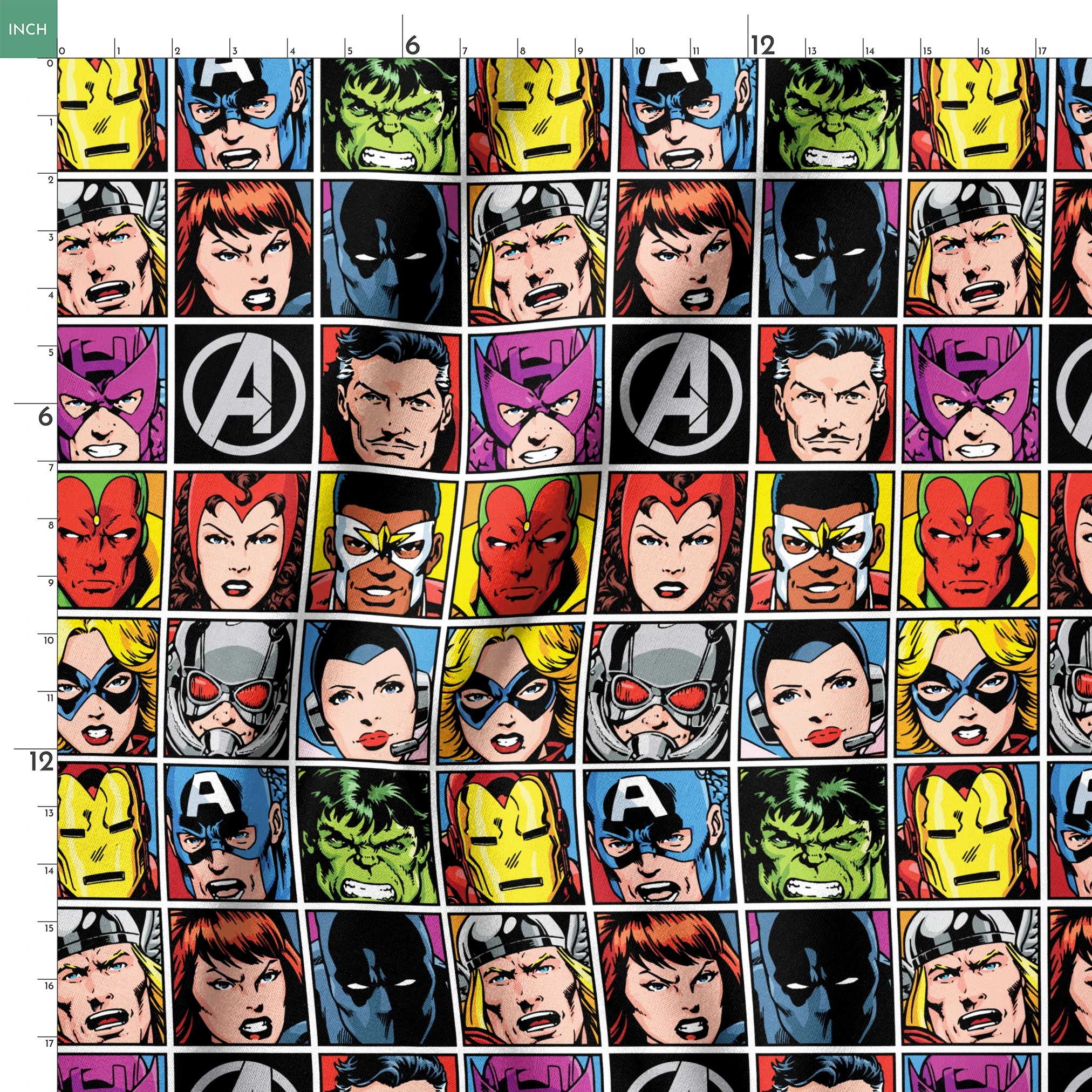 Marvel Avengers character portraits in comic style grid with colorful backgrounds showing superheroes and their iconic looks. springs ruler 18x18