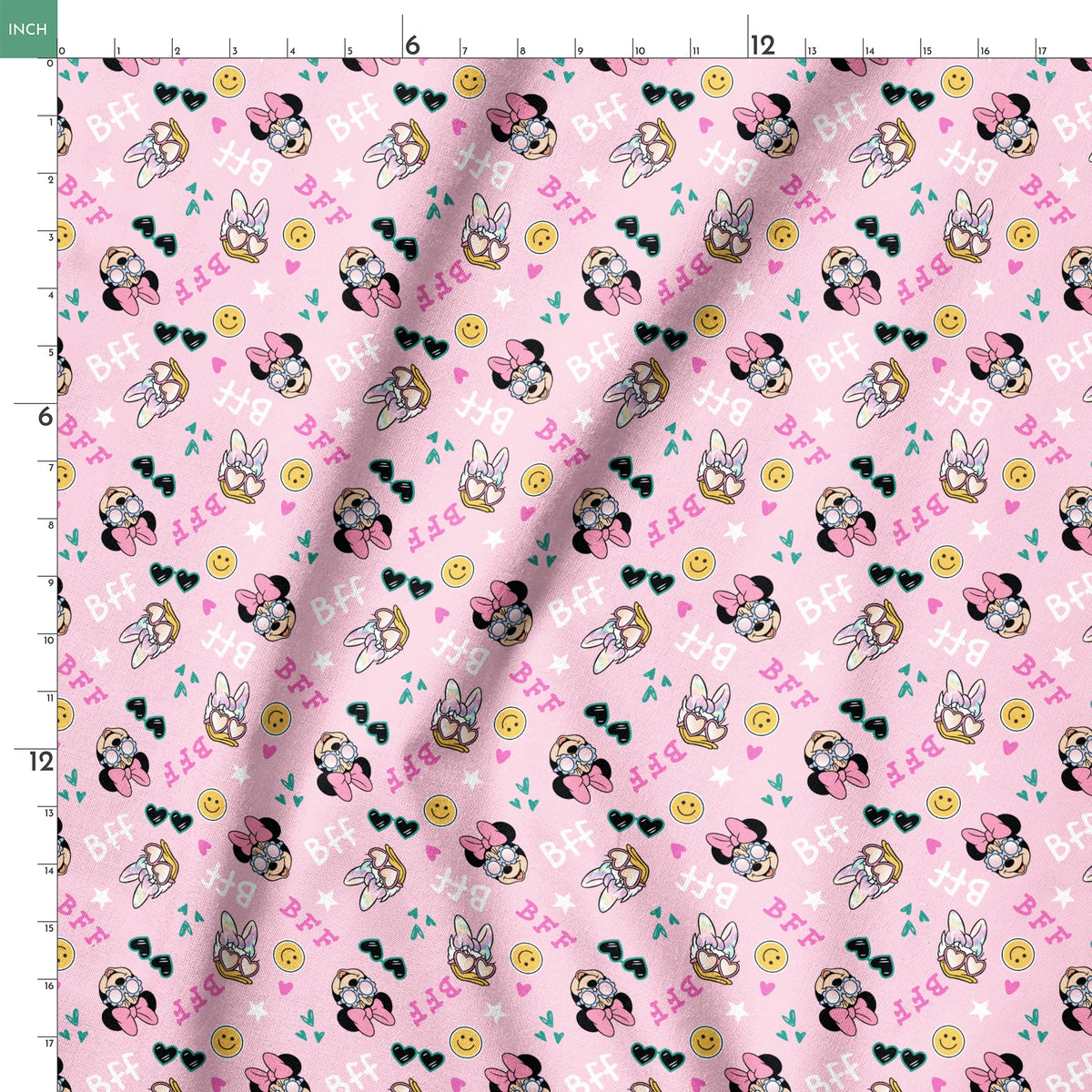 Pink background with Minnie Mouse pattern featuring bows, heart sunglasses, smiley faces, and "BFF" text in playful colors. springs ruler 18x18