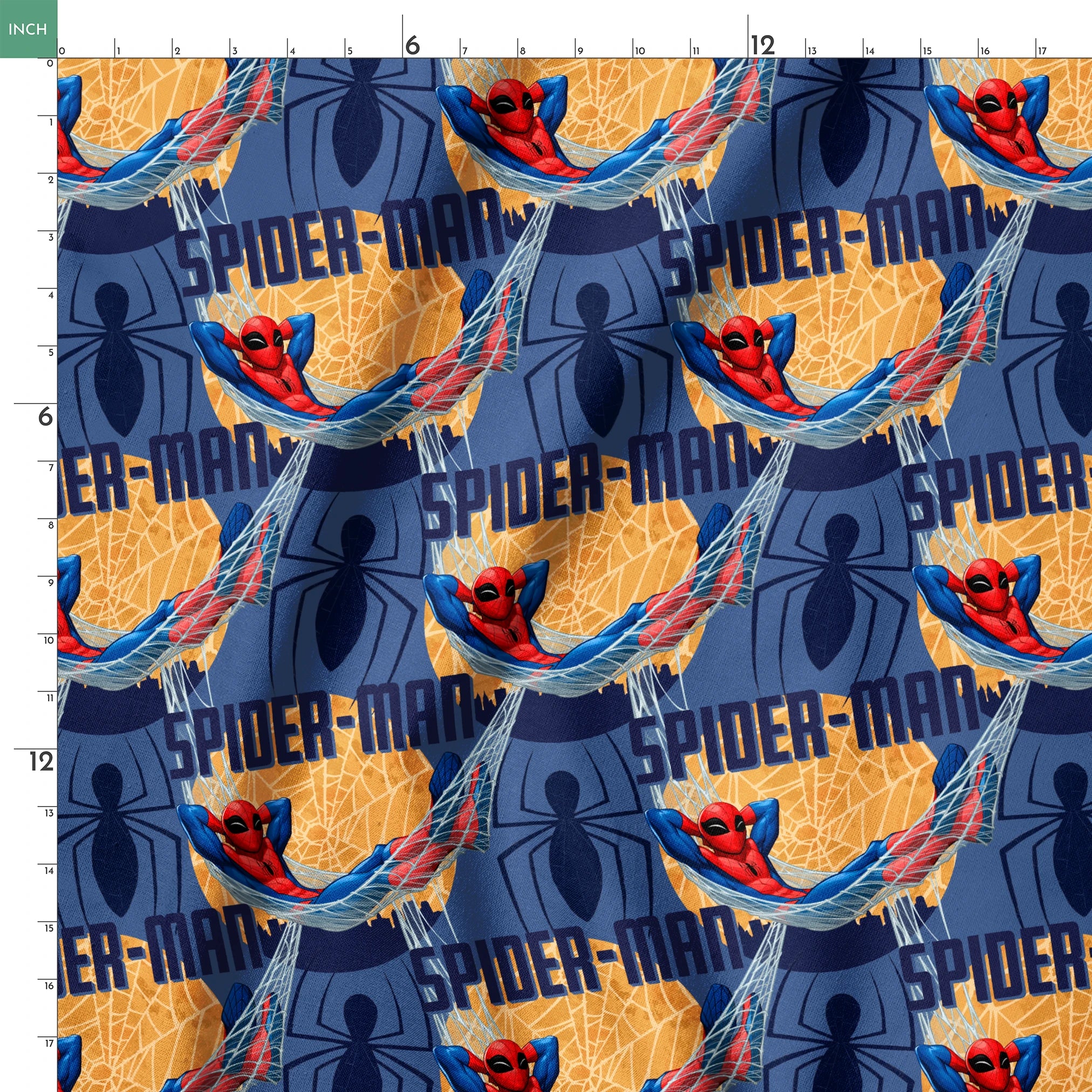 Spider-Man pattern with cartoon superhero in red and blue swinging on webbing against navy and gold background springs ruler 18x18