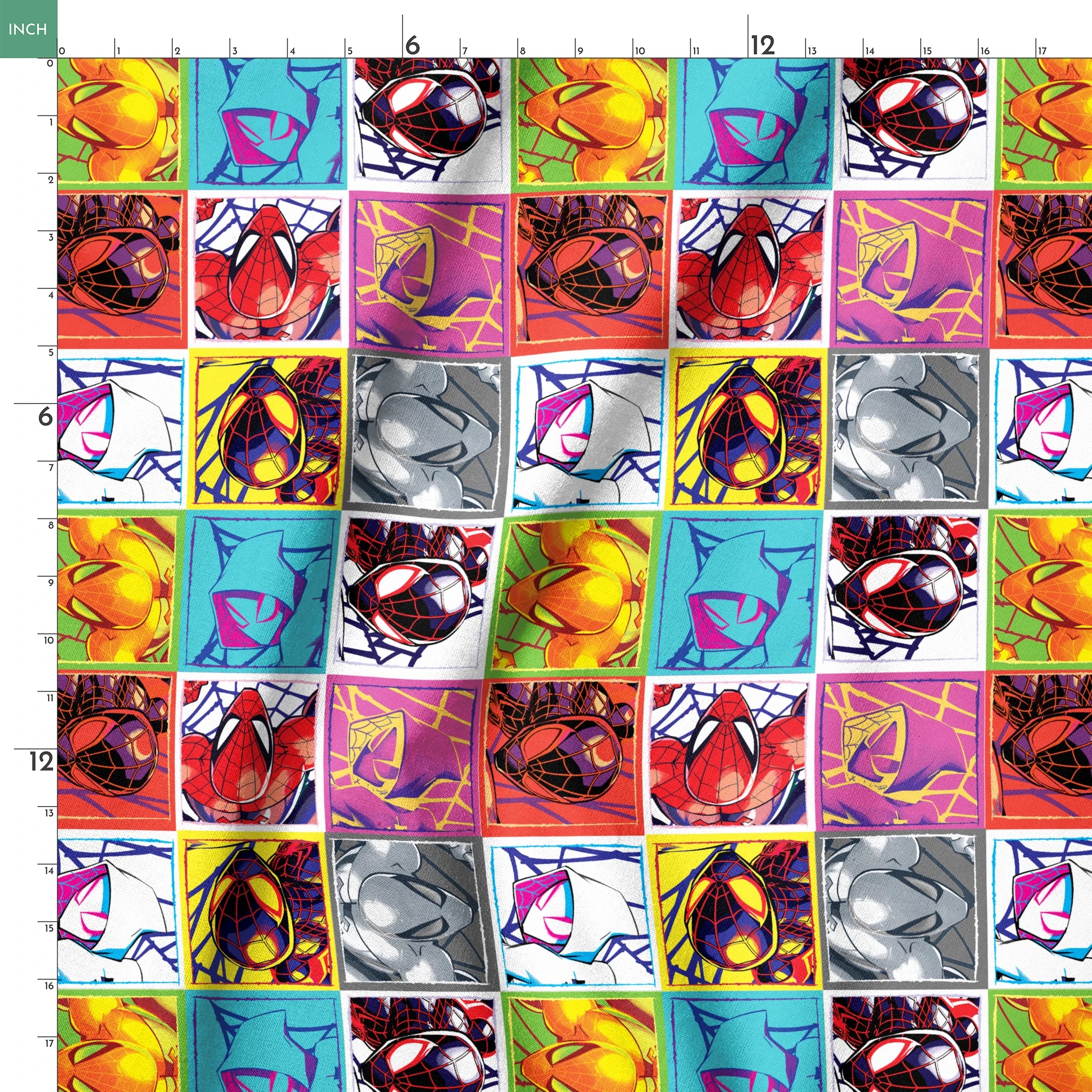 Colorful pop art grid of nine Spiderman designs in vibrant color schemes springs ruler 18x18