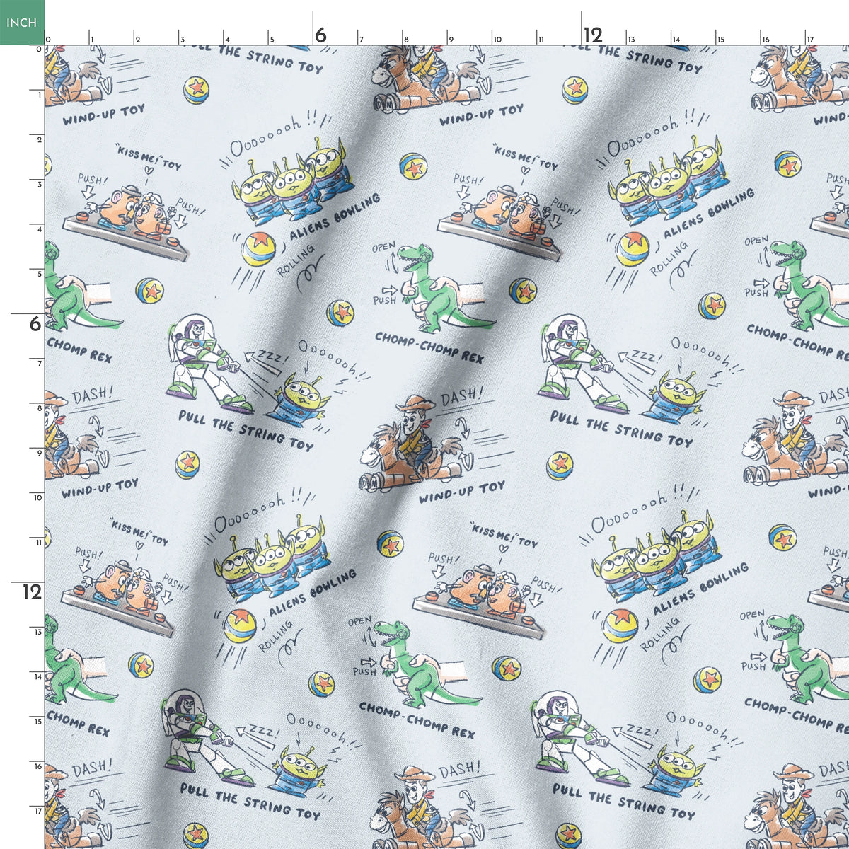 Illustrated Toy Story character designs showing wind-up, pull string, and action toys on light blue background springs ruler 18x18