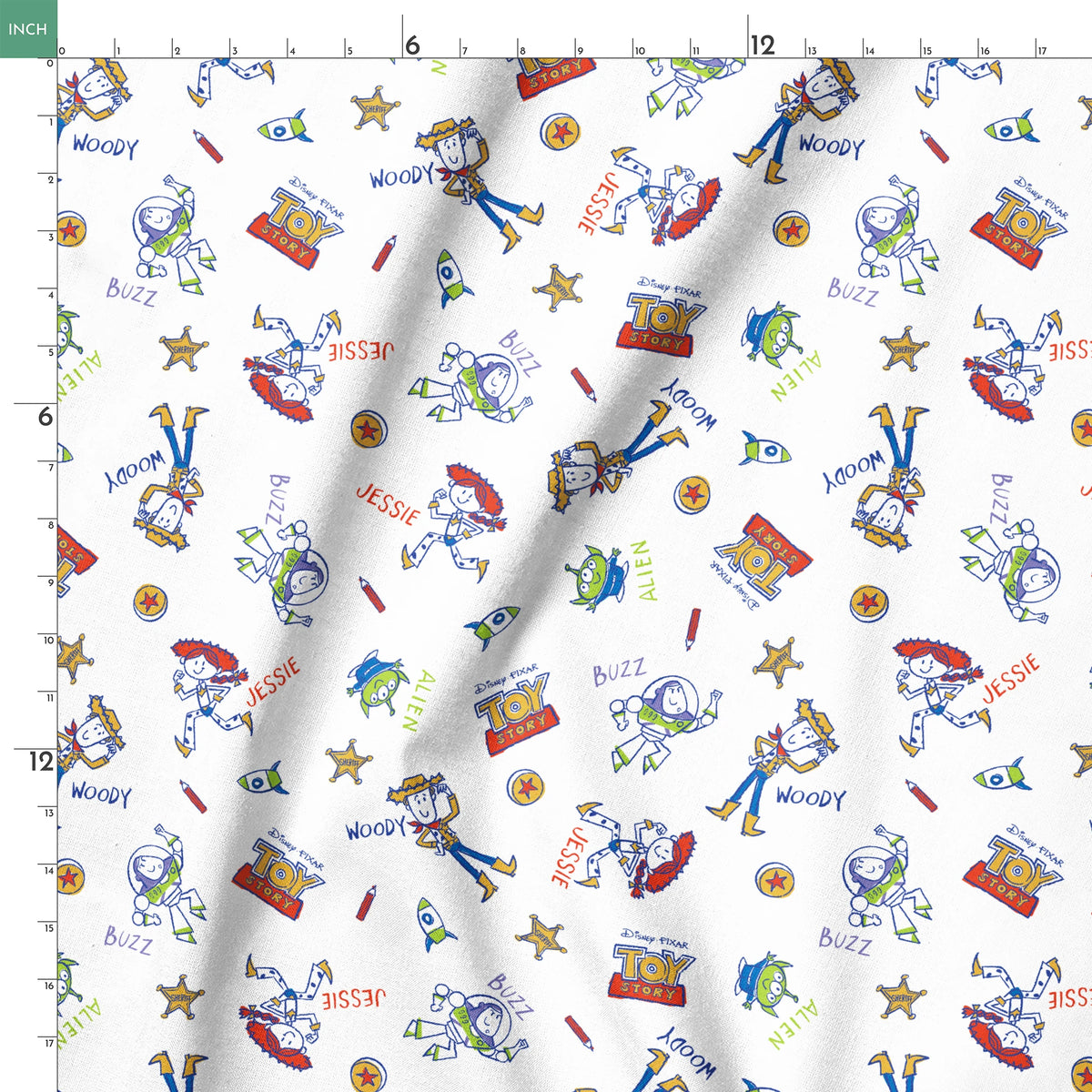 Toy Story pattern with Buzz Lightyear and Woody characters, stars, and spaceships on white background springs ruler 18x18