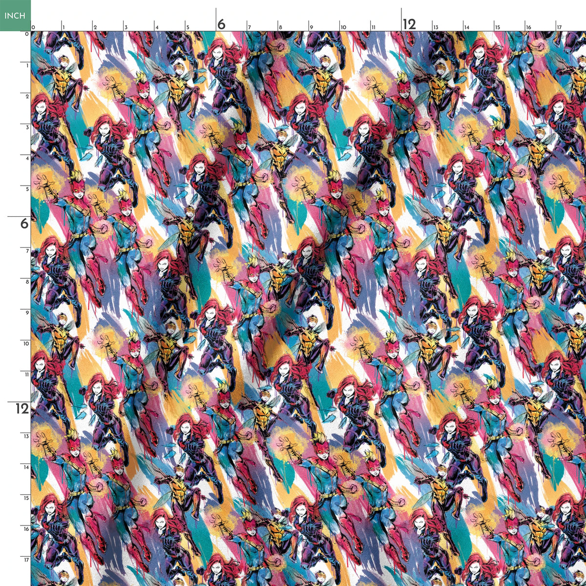 Colorful comic book superhero pattern with characters in dynamic poses against abstract brushstroke background springs ruler 18x18