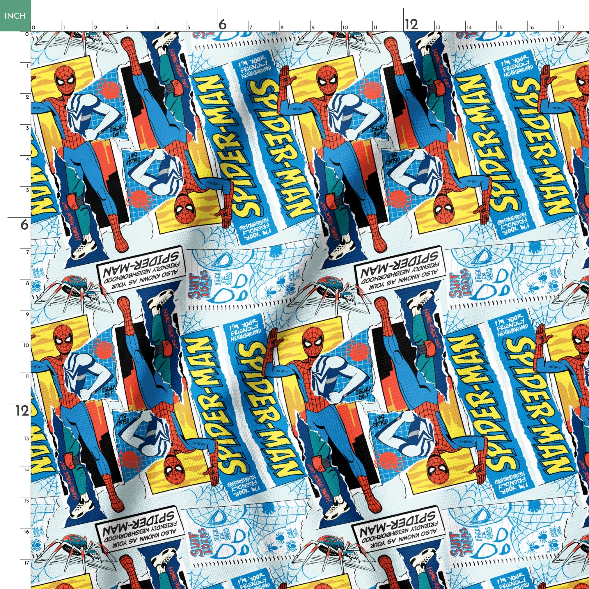 Spider-Man comic book style pattern with red and blue superheroes in action poses against web-themed background springs ruler 18x18
