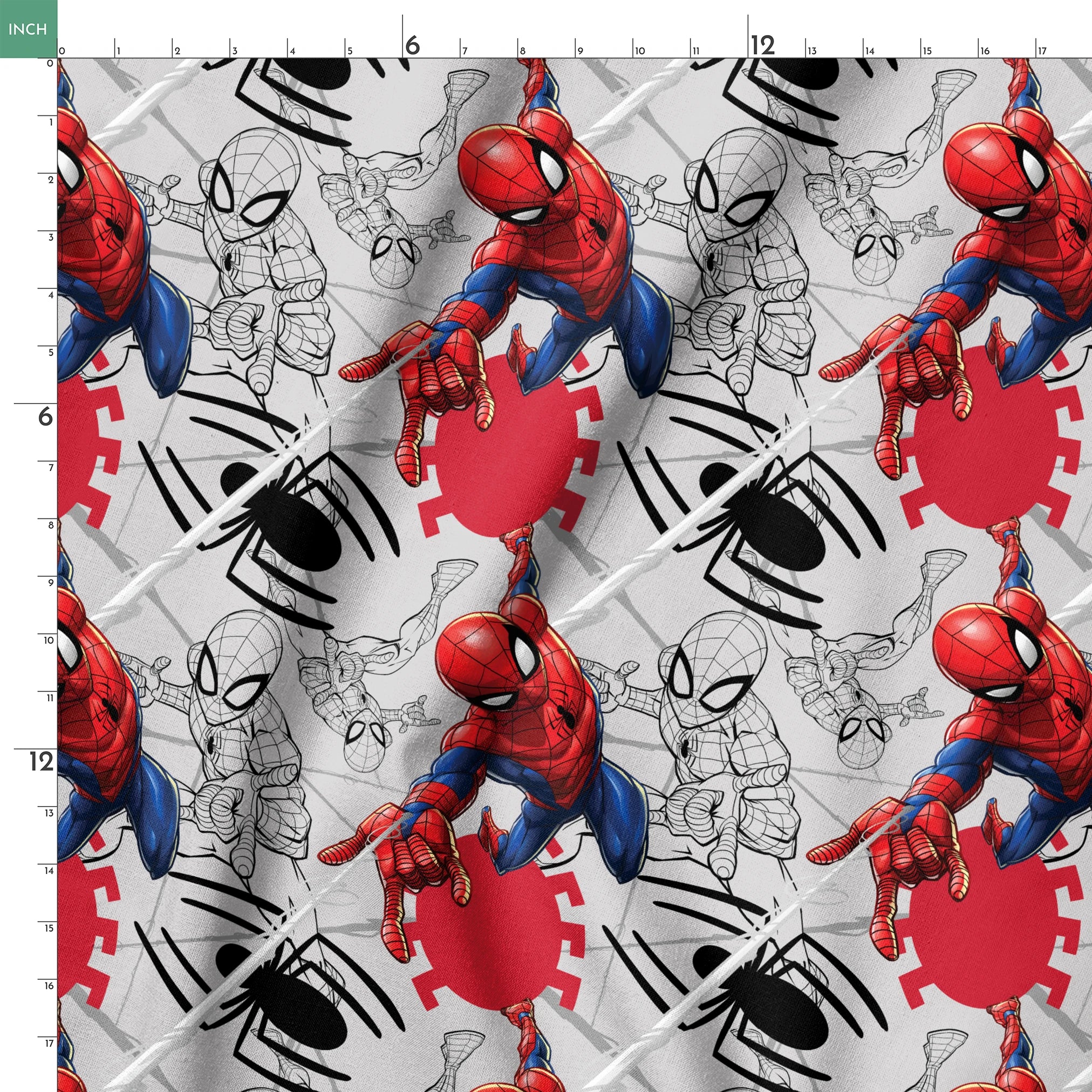 Spider-Man in various poses, including colored and line art illustrations on a red and gray background springs ruler 18x18