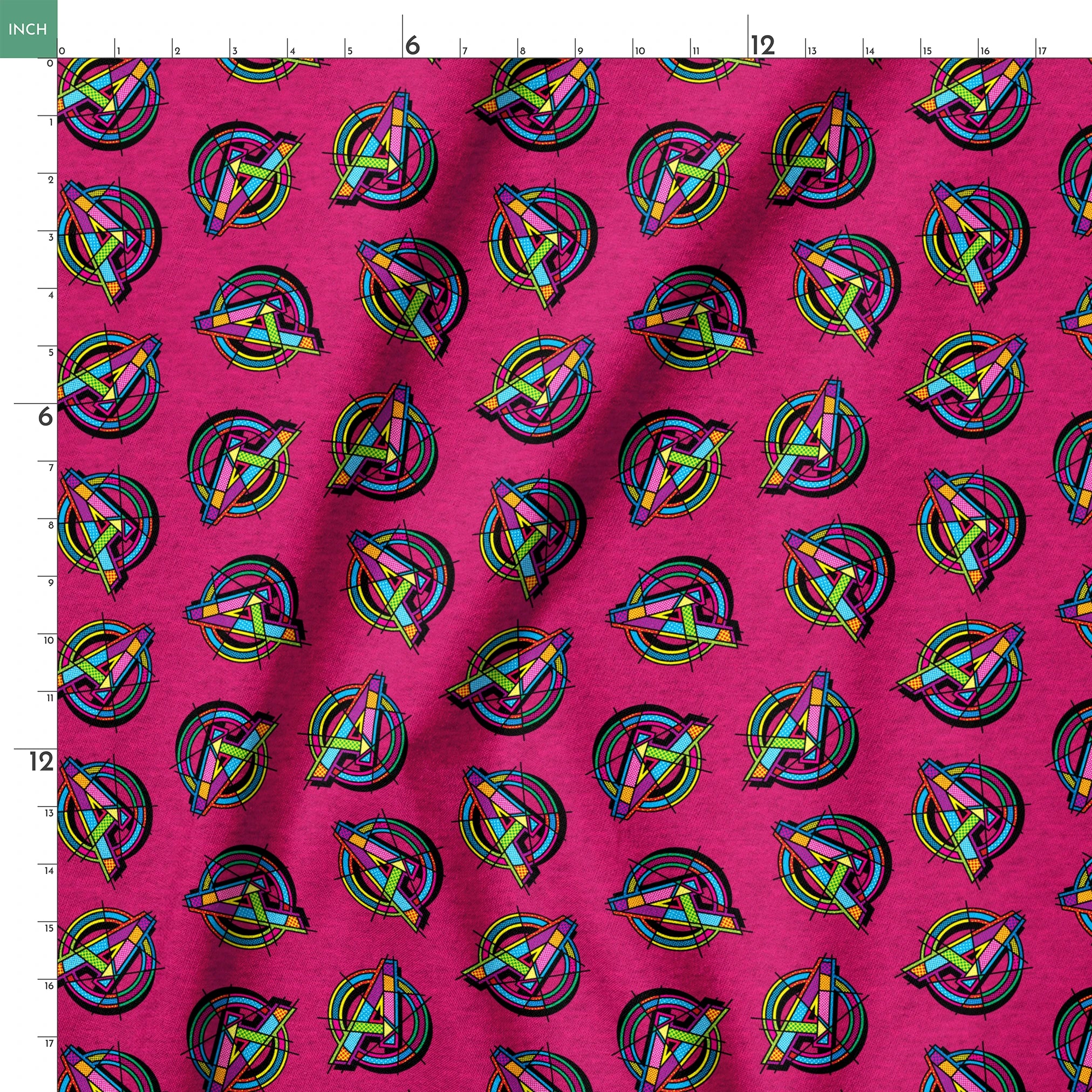 Vibrant Avengers pattern in neon colors on magenta background springs ruler 18x18