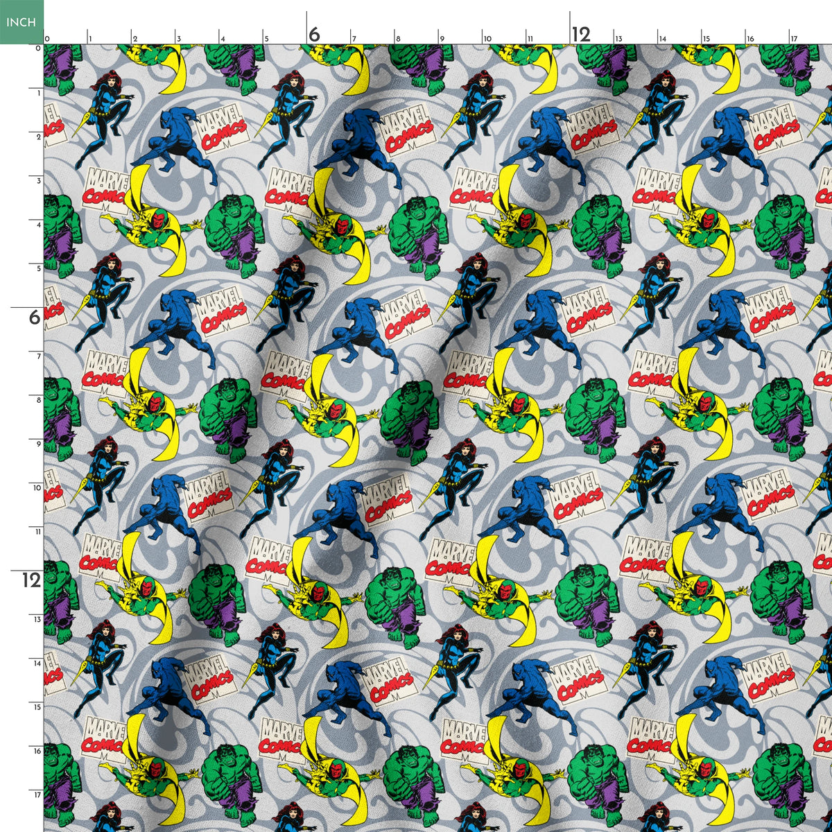 Marvel Comics characters including Hulk, Vision, and other superheroes on a gray background with Marvel Comics logos springs ruler 18x18