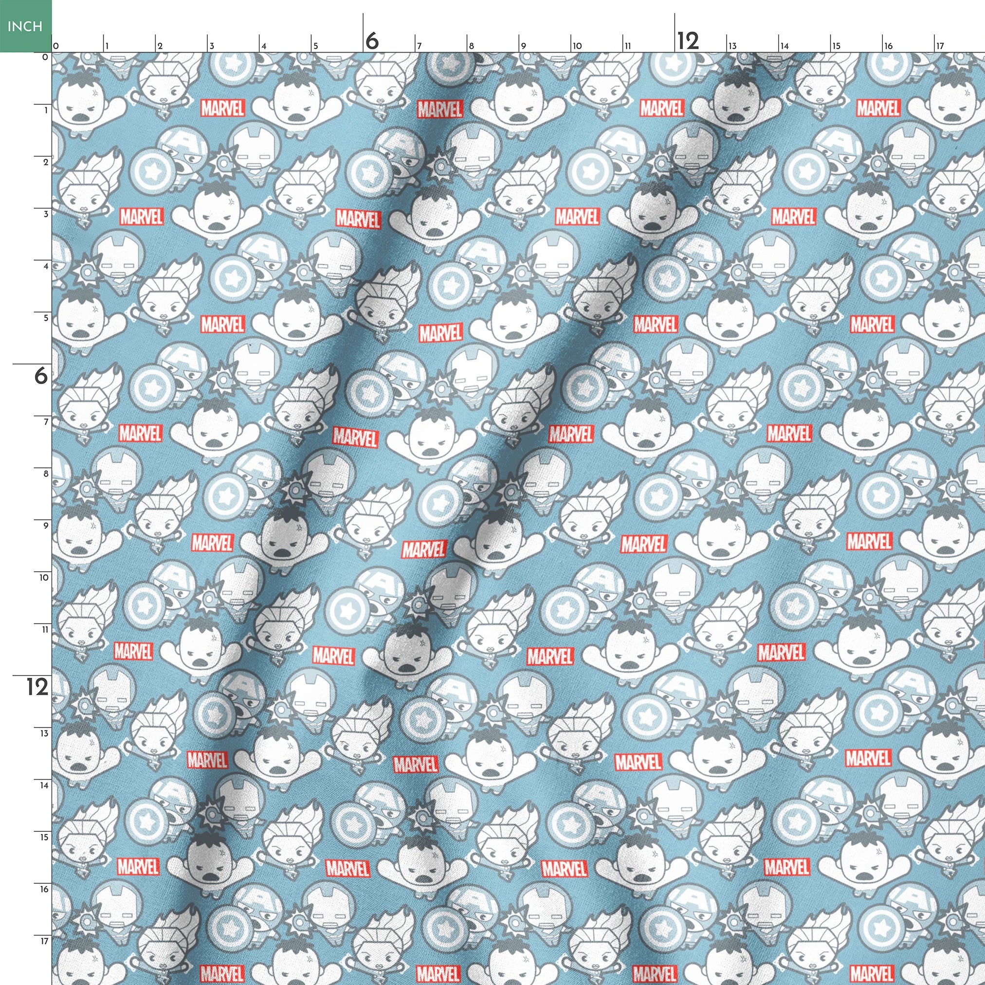 Marvel kawaii superhero pattern with cartoon characters, shields, and gear symbols on blue background springs ruler 18x18