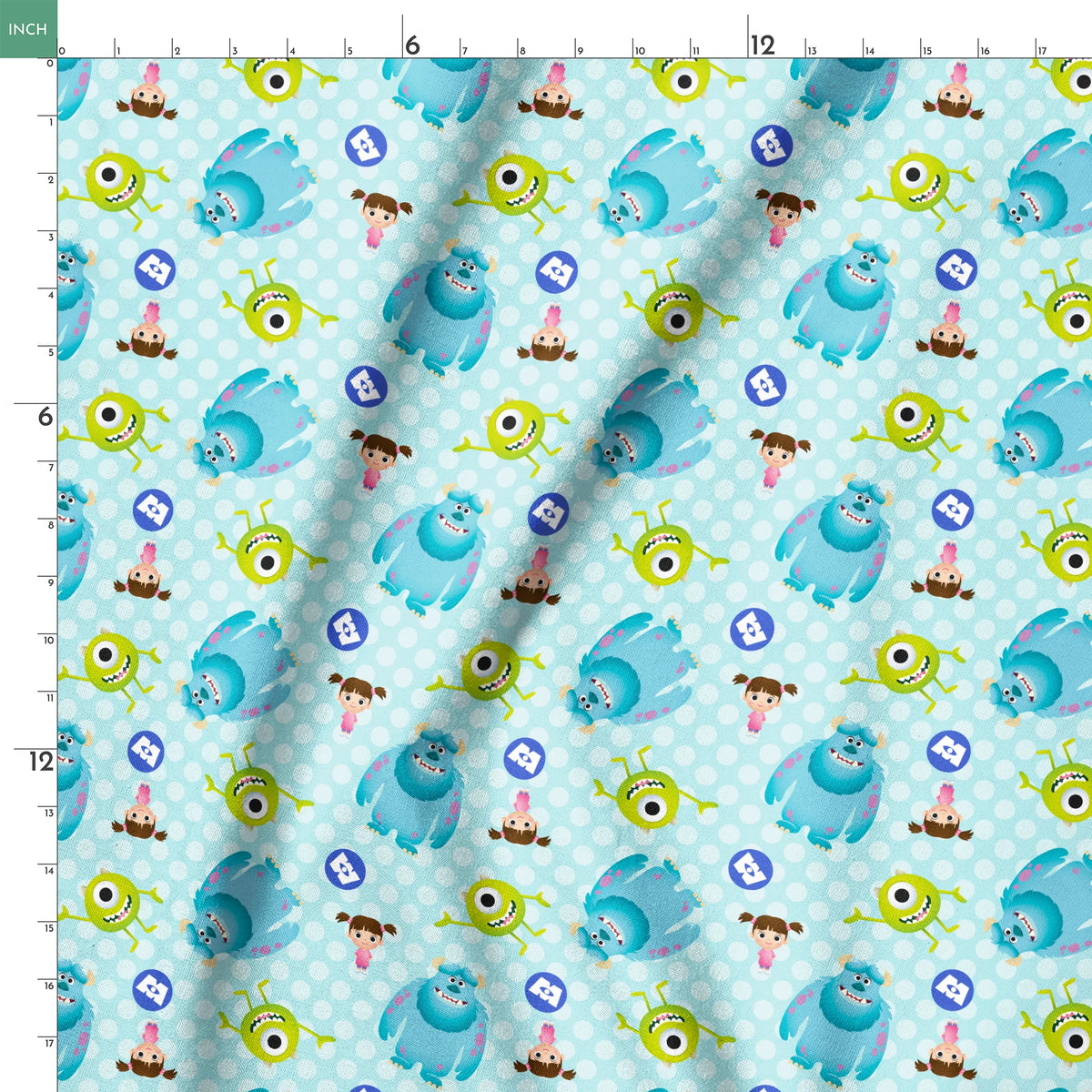Cartoon Monsters Inc characters on light blue polka dot background springs ruler 18x18
