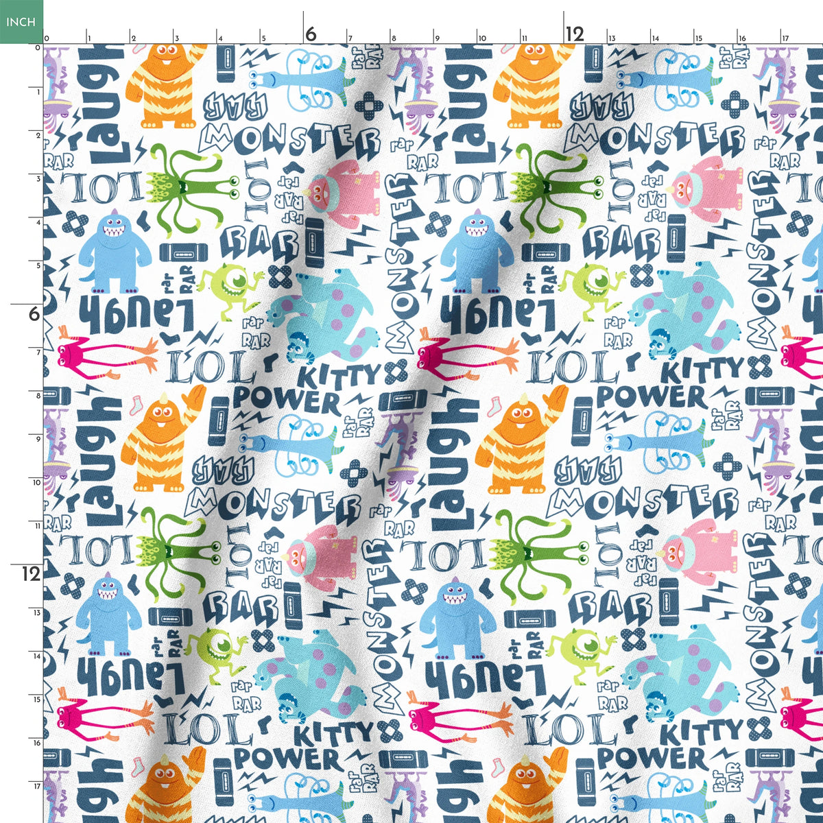 Colorful Monsters Inc doodle pattern with playful characters and text like "Laugh," "Power," and "Monster" in blue and vibrant colors. springs ruler 18x18