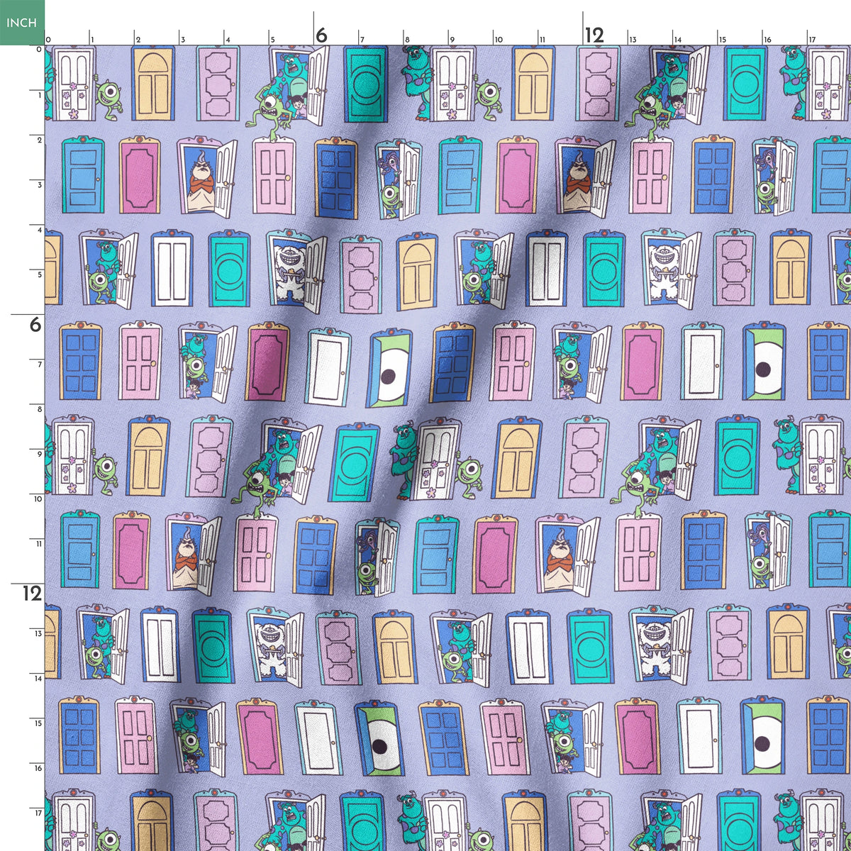 Colorful pattern of cartoon monster characters peeking through various doors in purple, blue, pink, and green on a lavender background. springs ruler 18x18