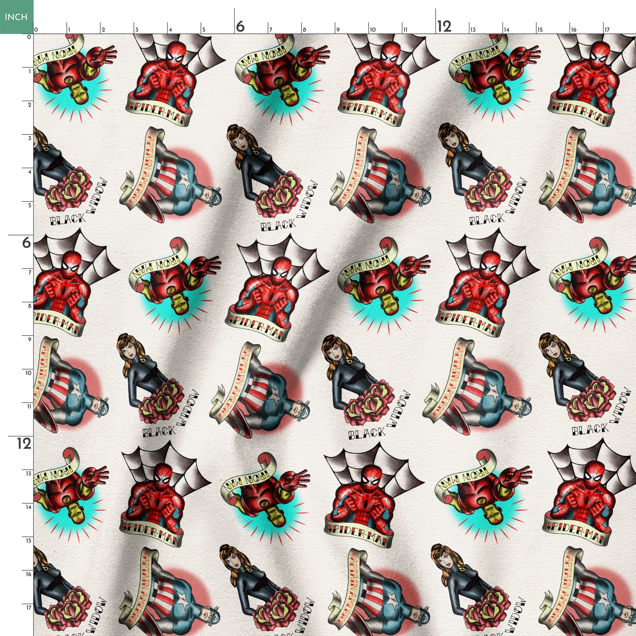 Traditional tattoo flash art designs featuring black panthers, hearts with daggers, spider webs, and colorful elements on cream background springs ruler 18x18