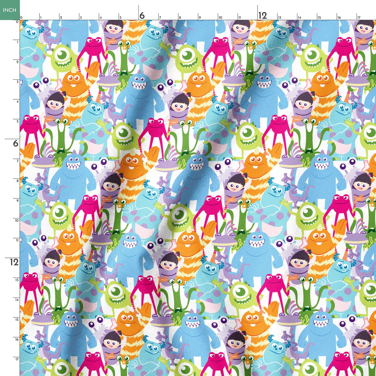 Colorful Monsters Inc pattern with various shapes, sizes and bright colors like blue, pink, orange and green. springs ruler 18x18