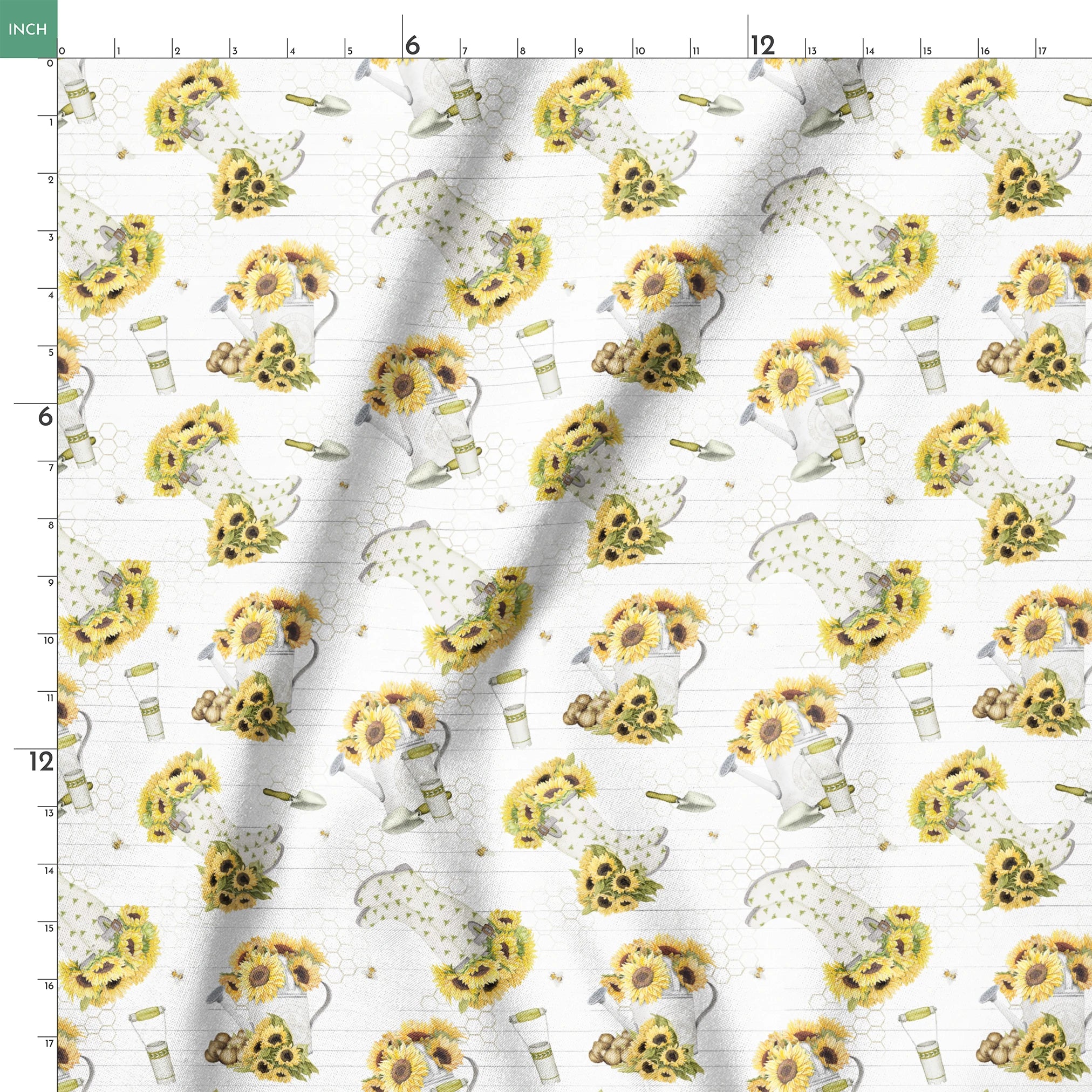 Sunflower-filled watering cans with bees, trowels, and garden tools on a white shiplap and honeycomb background. Designed by Nicole Tamarin. springs ruler 18x18