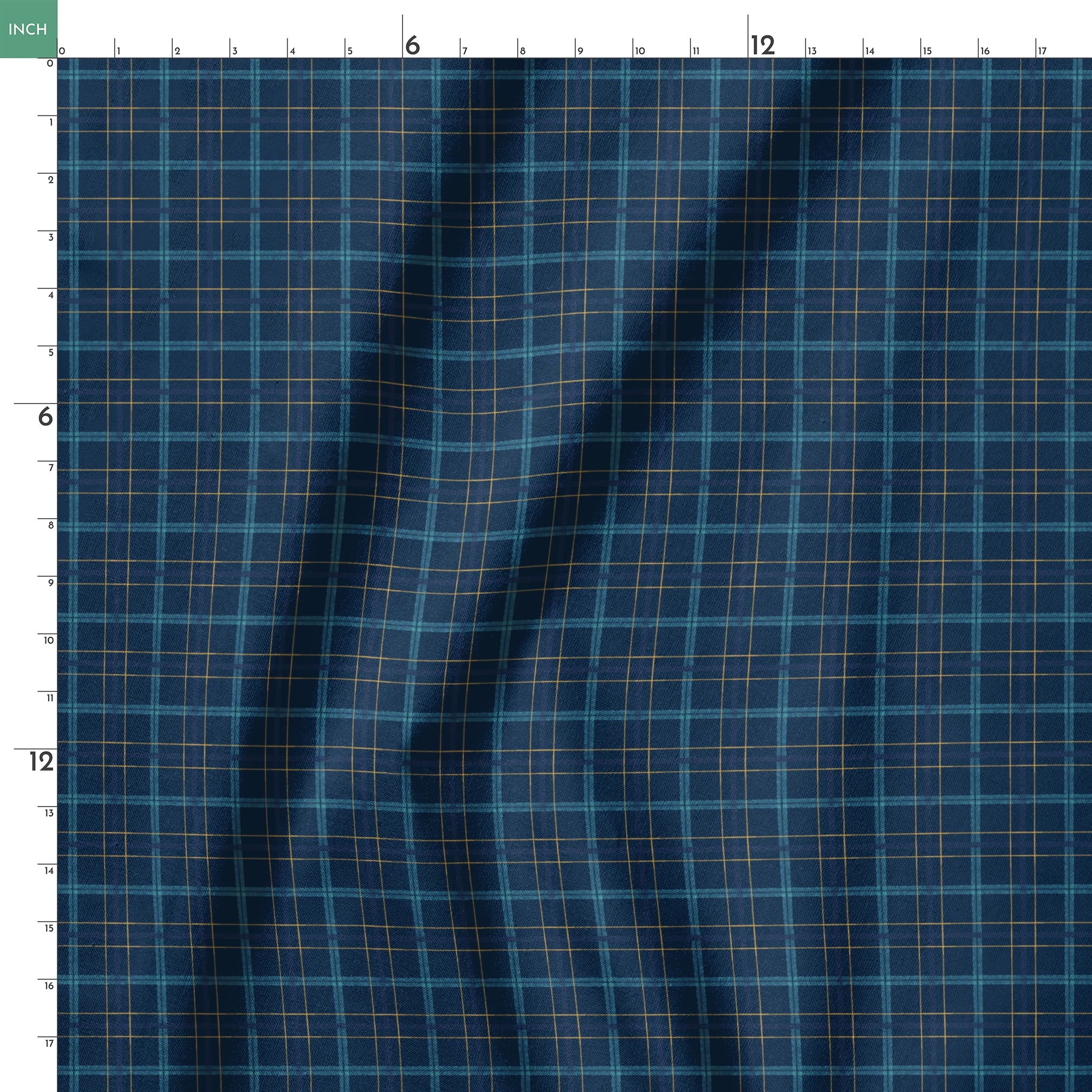 Painterly navy blue plaid with golden yellow and soft blue stripes by Nicole Tamarin, ideal for autumn sewing and decor. springs ruler 18x18