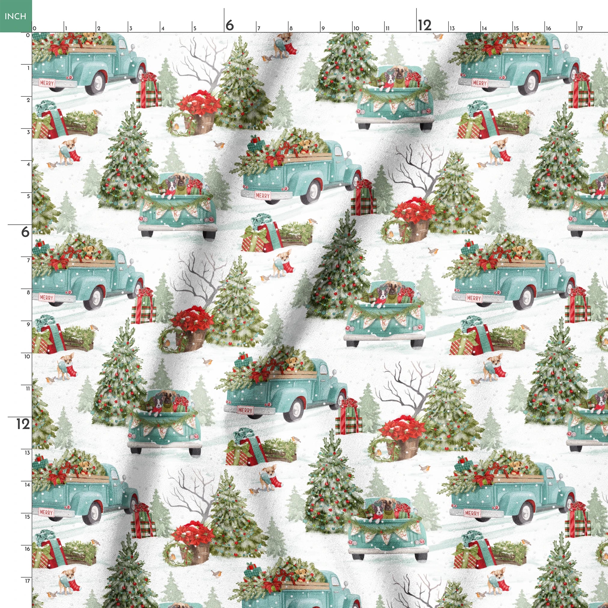 Vintage-style holiday fabric by Nicole Tamarin featuring teal trucks with Christmas trees, dogs, snow, and gifts in a festive winter landscape. springs ruler 18x18