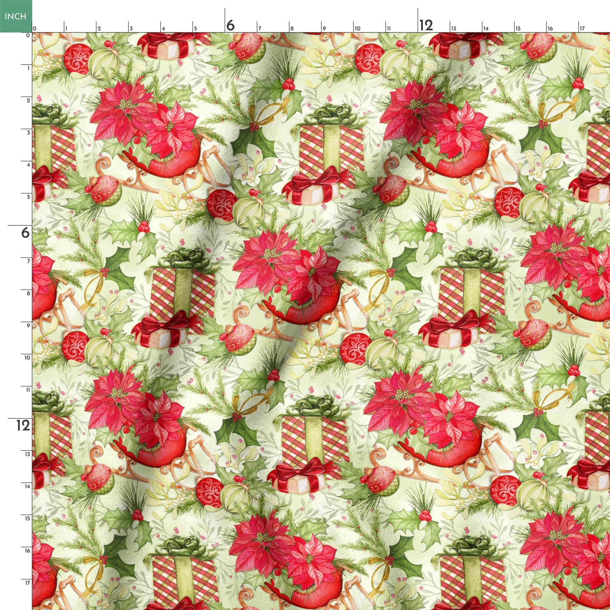Christmas pattern with red poinsettias, vintage sleighs, wrapped gifts, holiday ornaments, and greenery in a festive toss by Nicole Tamarin. springs ruler 18x18
