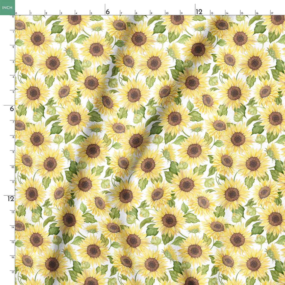 Watercolor-style packed sunflower pattern with yellow blooms and green leaves on a white background, designed by Nicole Tamarin. springs ruler 18x18