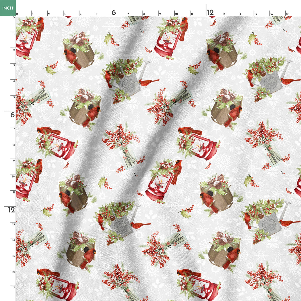 Red cardinals perched among holly berries, pine sprigs, lanterns, and rustic containers on a soft snowy background with snowflake details by Nicole Tamarin springs ruler 18x18