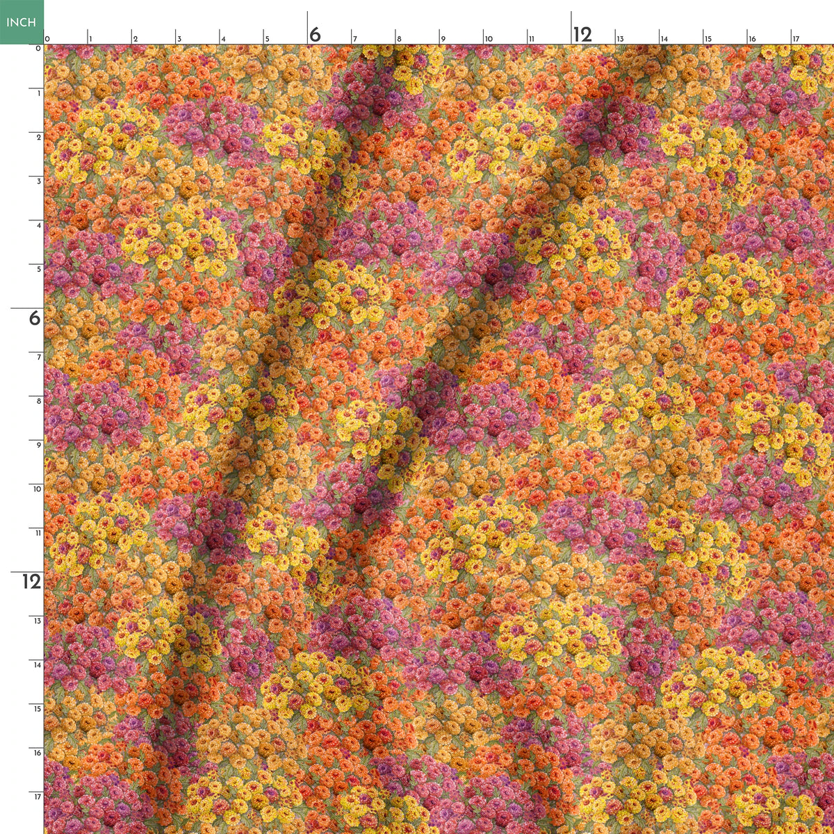 Dense floral fabric featuring orange, gold, pink, and plum zinnias in a packed all-over pattern by Nicole Tamarin. springs ruler 18x18