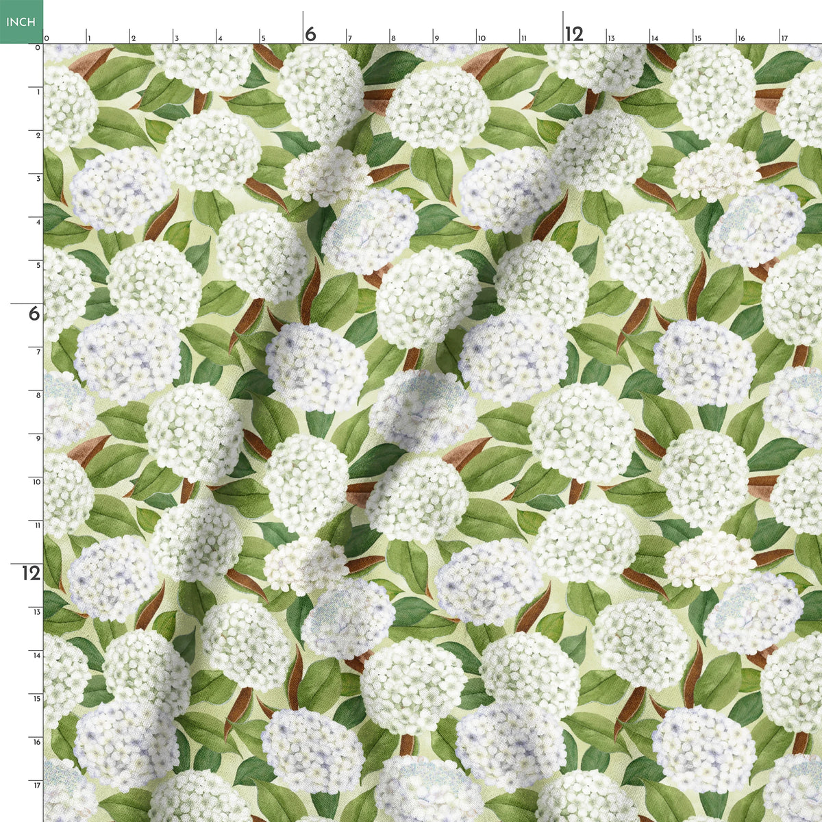 Realistic white hydrangea clusters with green leaves on a soft cream background, designed by Nicole Tamarin in a timeless botanical style. springs ruler 18x18