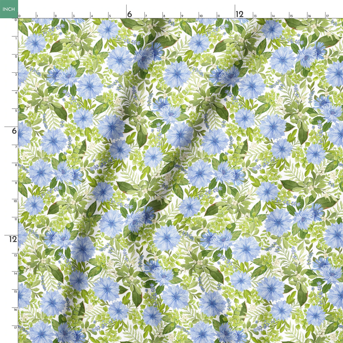Watercolor-style botanical fabric pattern featuring blue wildflowers and soft green foliage on a white background. Designed by Nicole Tamarin. springs ruler 18x18